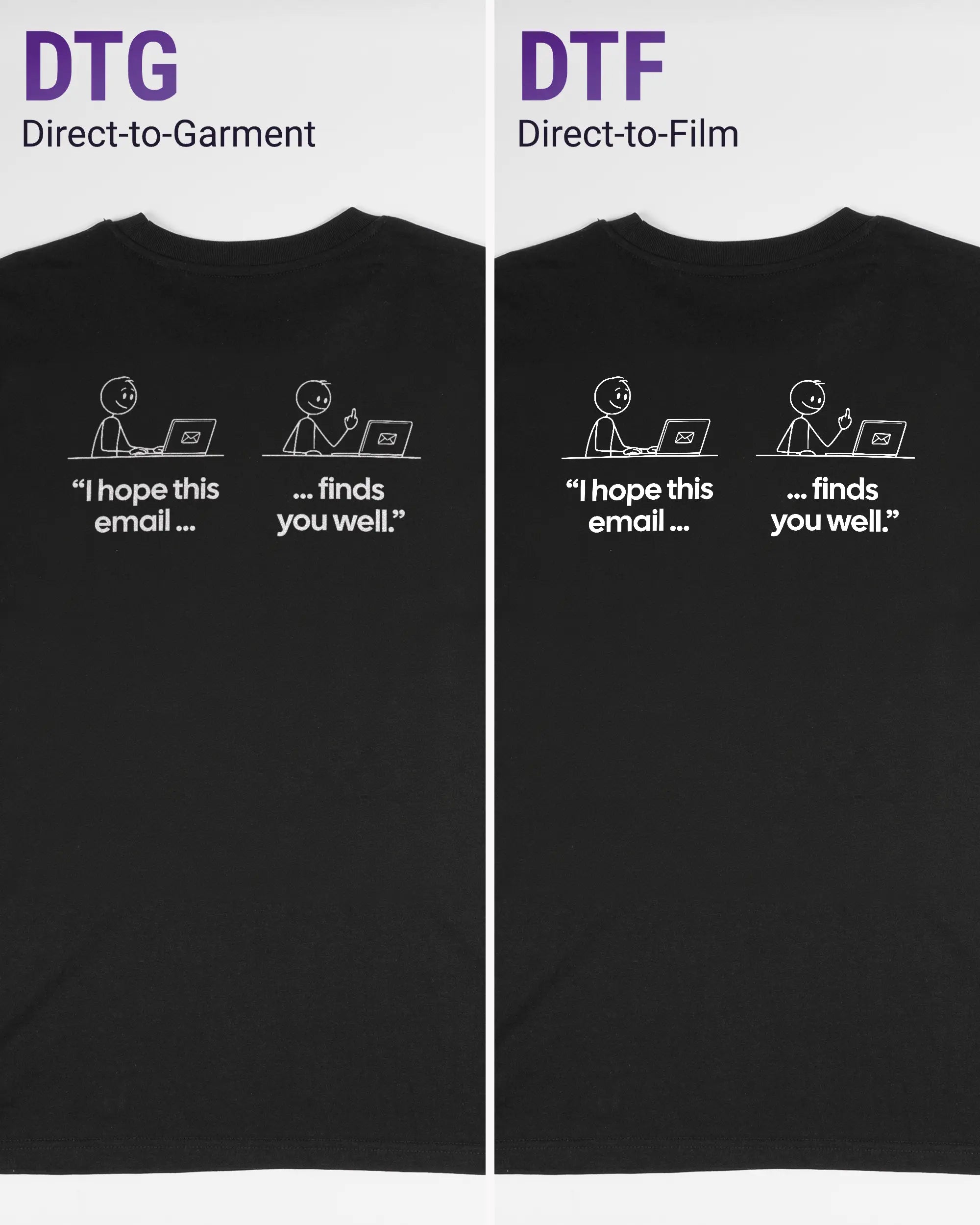 Vergleich der Rückseiten des Organic Unisex T-Shirt Casual von Maondo mit dem Design Found me not well in der Farbe Black und in der Größe S links mit dem Direct-to-Garment und rechts mit dem Direct-to-Film Verfahren