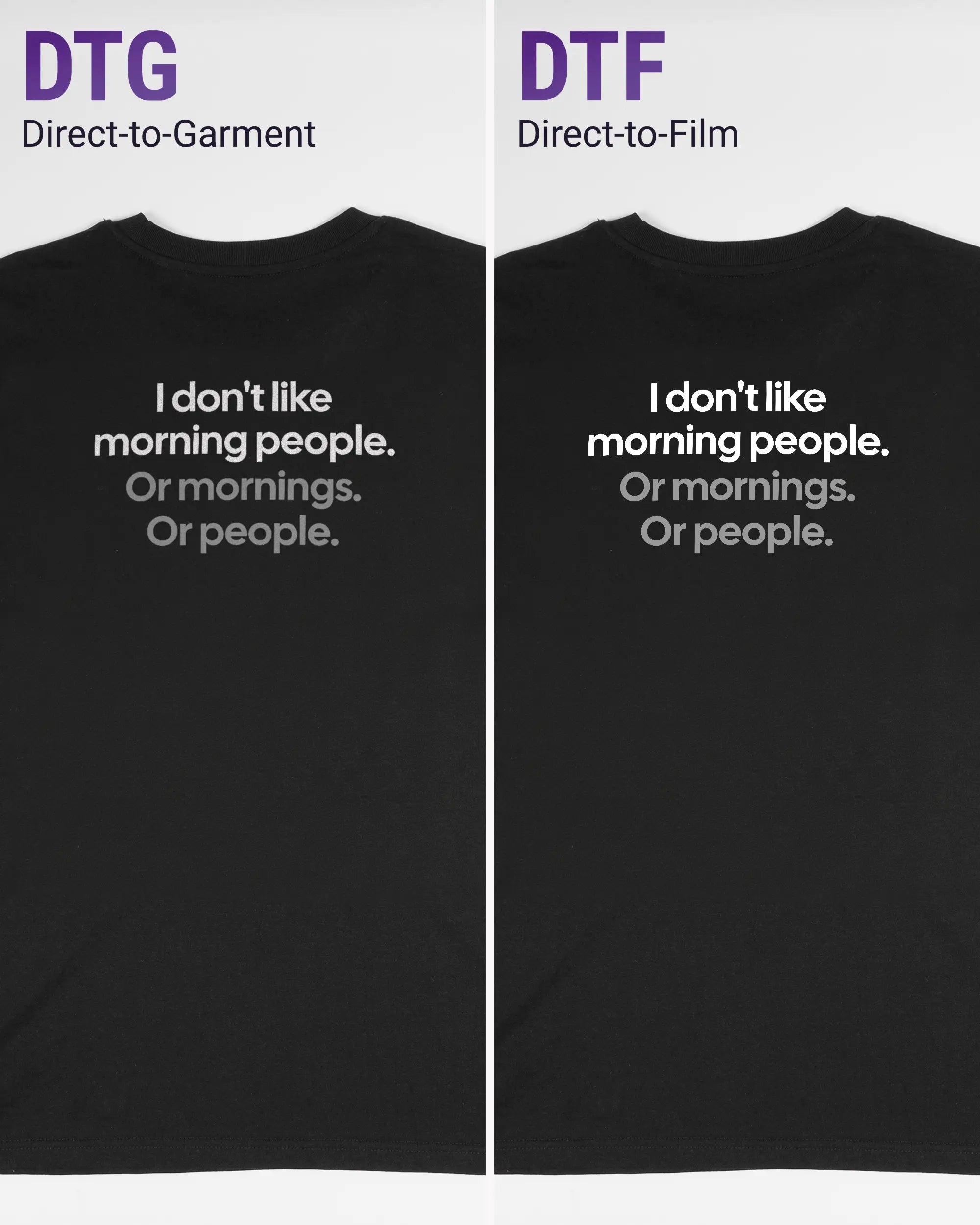 Vergleich der Rückseiten des Organic Unisex T-Shirt Casual von Maondo mit dem Design Morning Person in der Farbe Black und in der Größe S links mit dem Direct-to-Garment und rechts mit dem Direct-to-Film Verfahren