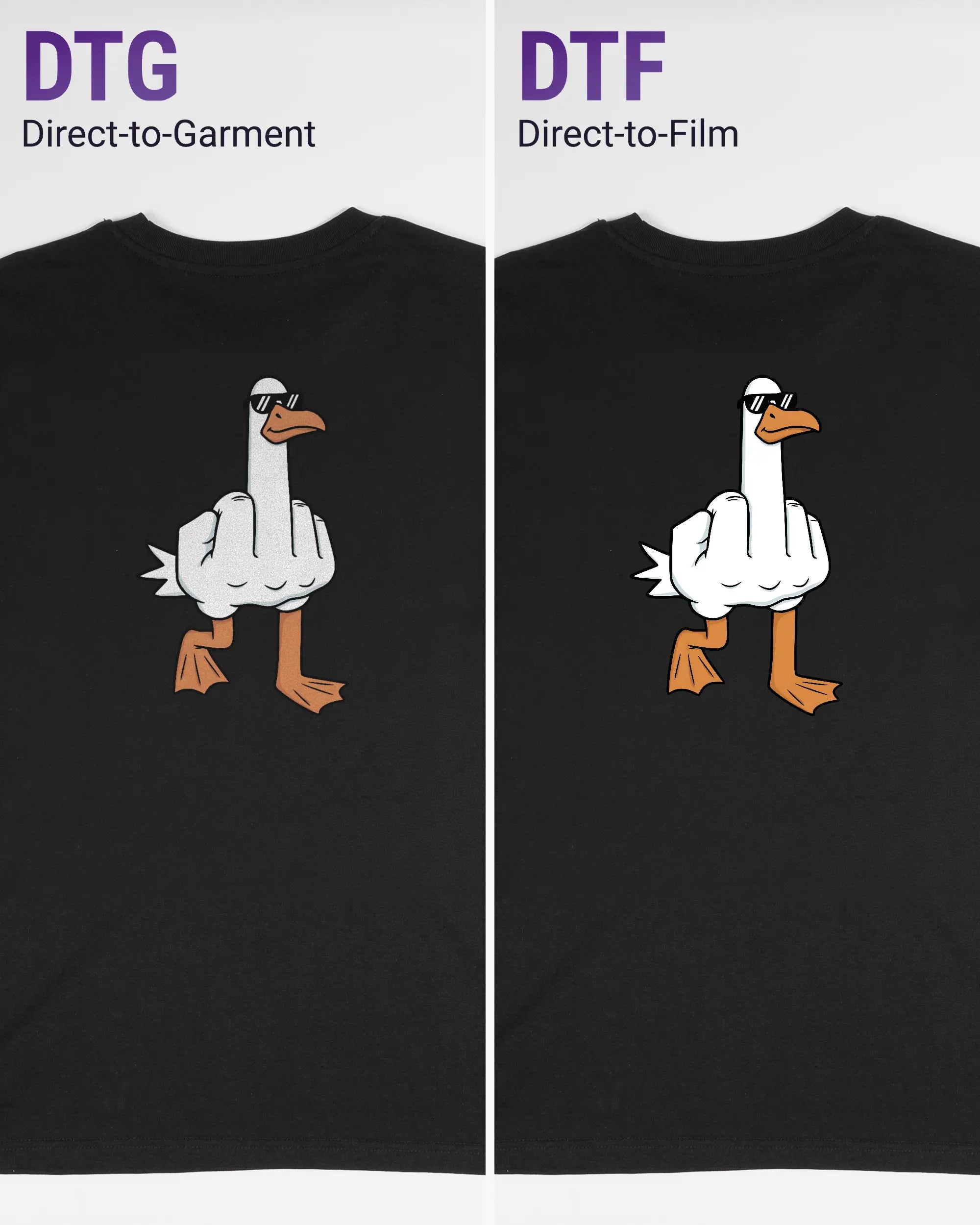 Vergleich der Rückseiten des Organic Unisex T-Shirt Casual von Maondo mit dem Design I give a duck in der Farbe Black und in der Größe S links mit dem Direct-to-Garment und rechts mit dem Direct-to-Film Verfahren