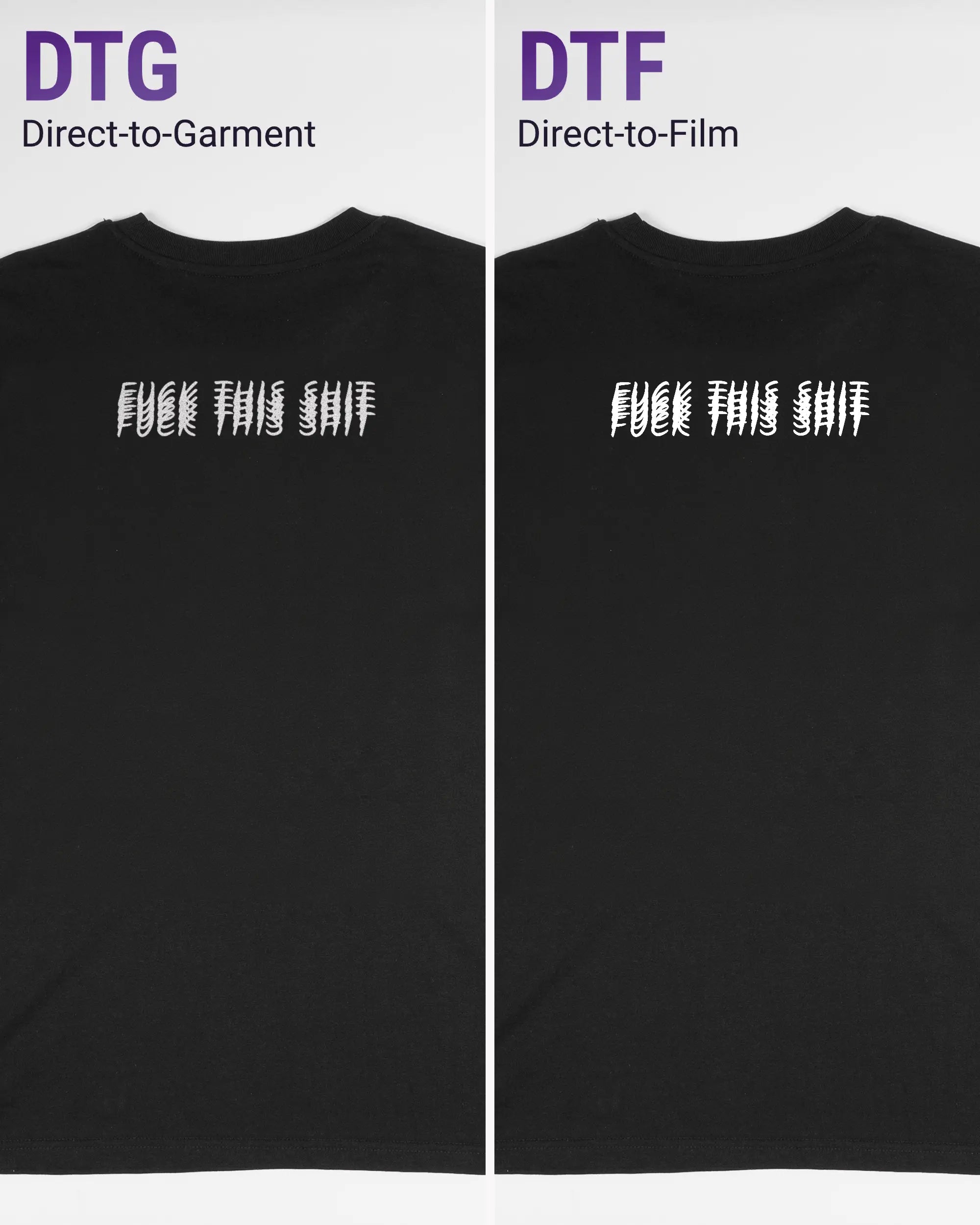 Vergleich der Rückseiten des Organic Unisex T-Shirt Casual von Maondo mit dem Design Hidden Message in der Farbe Black und in der Größe S links mit dem Direct-to-Garment und rechts mit dem Direct-to-Film Verfahren