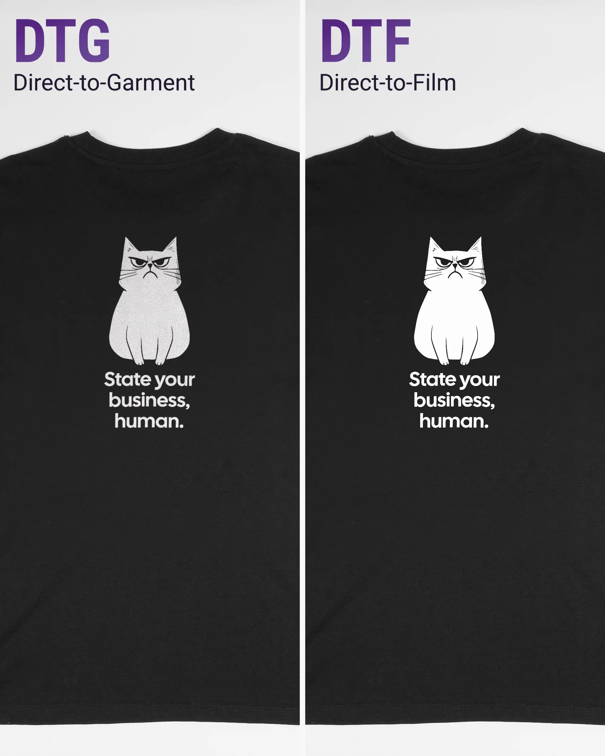 Vergleich der Rückseiten des Organic Unisex T-Shirt Casual von Maondo mit dem Design Grumpy Purr in der Farbe Black und in der Größe S links mit dem Direct-to-Garment und rechts mit dem Direct-to-Film Verfahren