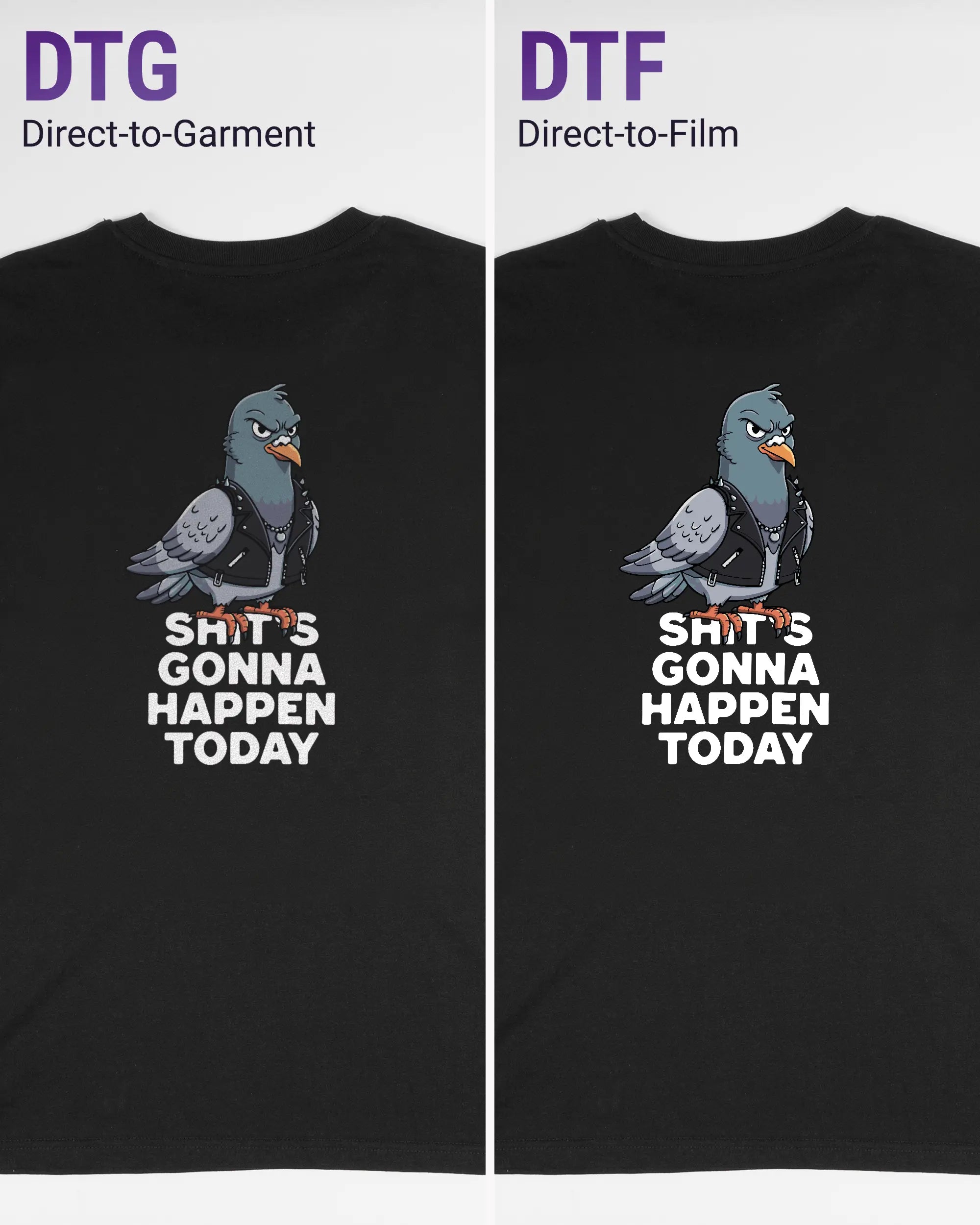 Vergleich der Rückseiten des Organic Unisex T-Shirt Casual von Maondo mit dem Design Pigeon Pun in der Farbe Black und in der Größe S links mit dem Direct-to-Garment und rechts mit dem Direct-to-Film Verfahren