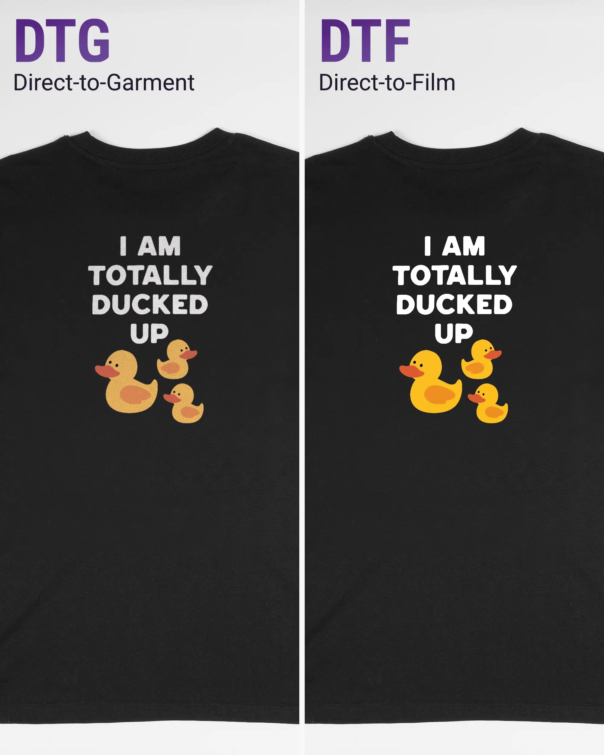 Vergleich der Rückseiten des Organic Unisex T-Shirt Casual von Maondo mit dem Design Ducked Up in der Farbe Black und in der Größe S links mit dem Direct-to-Garment und rechts mit dem Direct-to-Film Verfahren