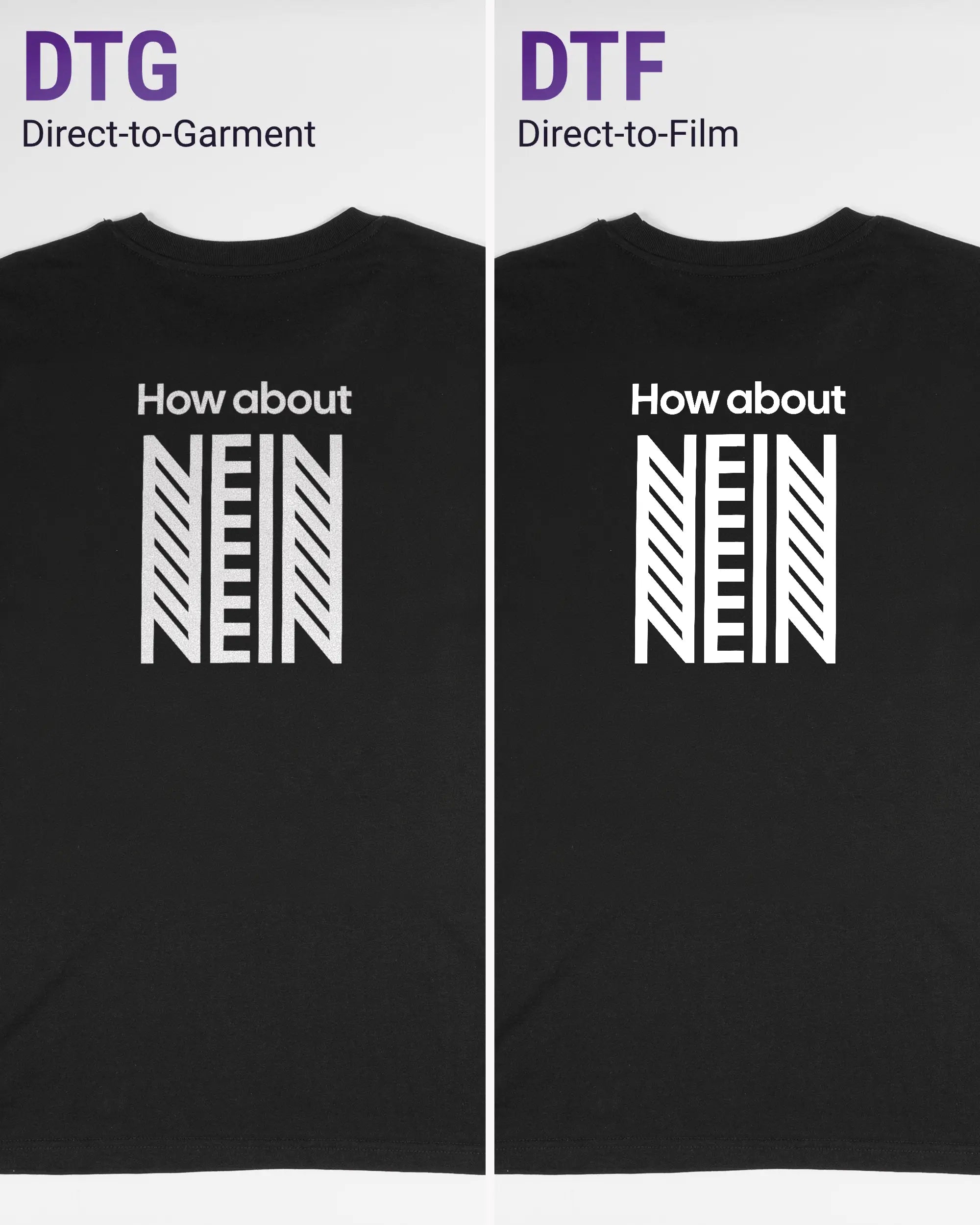 Vergleich der Rückseiten des Organic Unisex T-Shirt Casual von Maondo mit dem Design How about nein in der Farbe Black und in der Größe S links mit dem Direct-to-Garment und rechts mit dem Direct-to-Film Verfahren