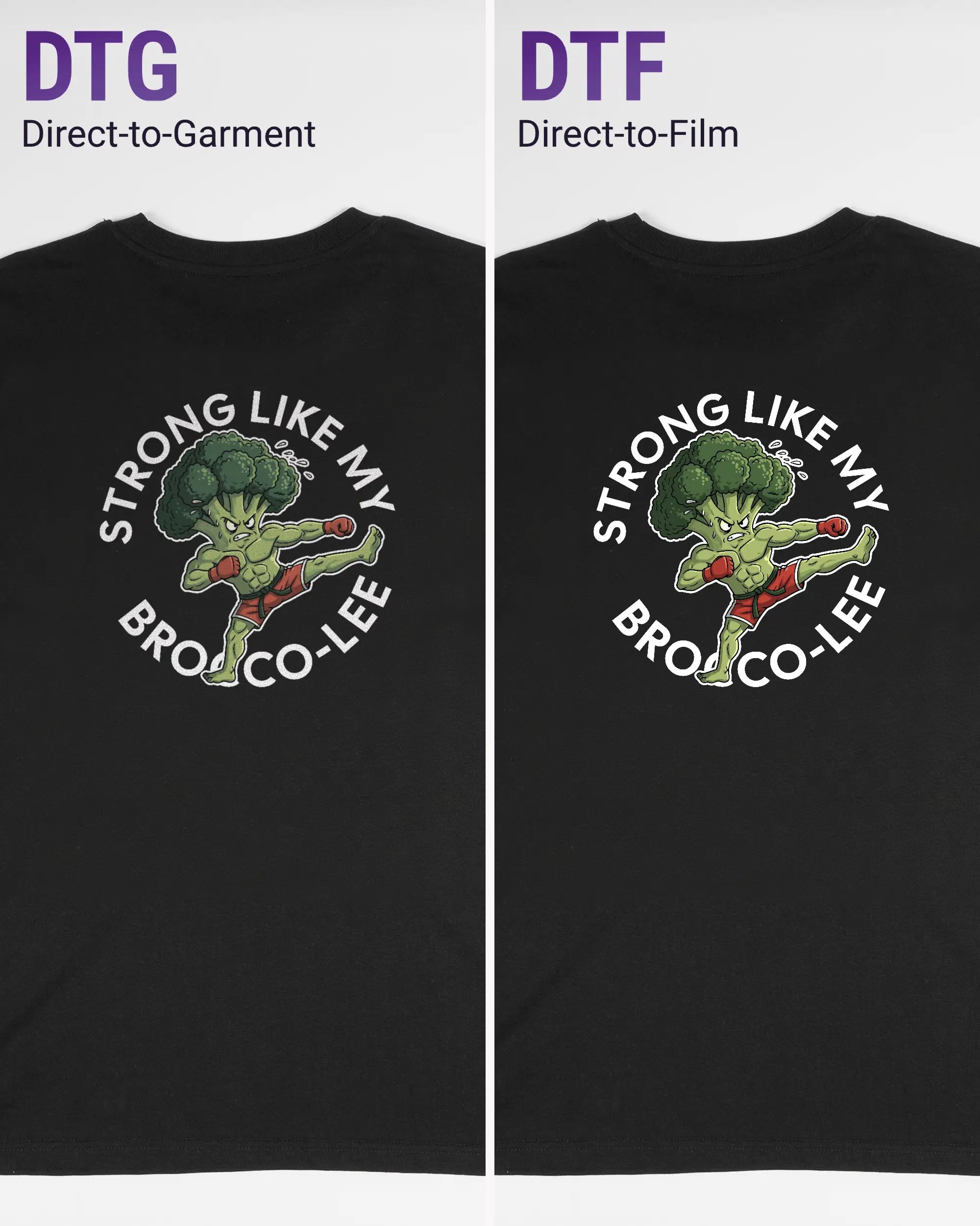 Vergleich der Rückseiten des Organic Unisex T-Shirt Casual von Maondo mit dem Design Brocco-Lee in der Farbe Black und in der Größe S links mit dem Direct-to-Garment und rechts mit dem Direct-to-Film Verfahren
