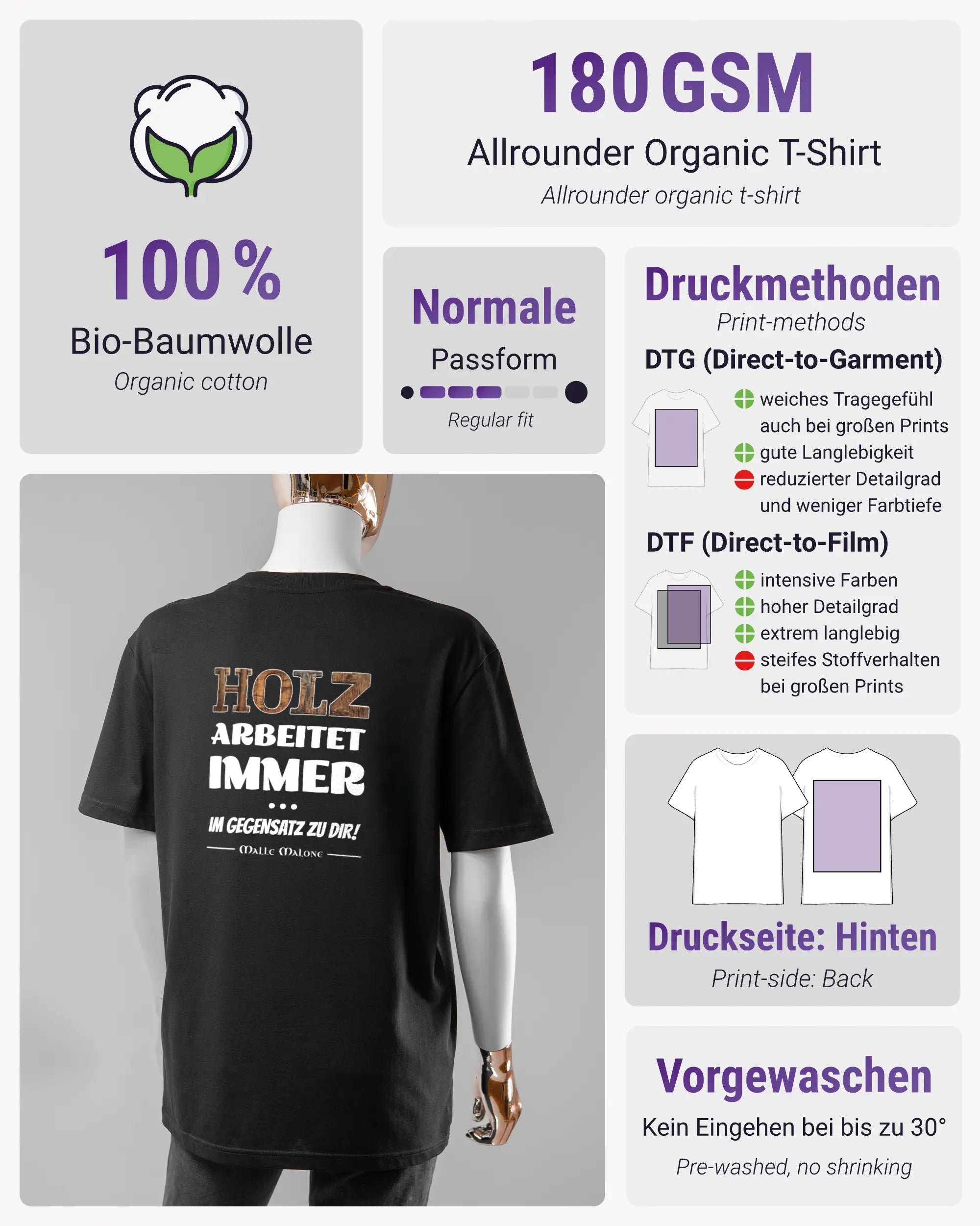 Produktinformationsblatt des Organic Unisex T-Shirt Casual von Maondo mit dem Design Holzarbeit hinten in der Farbe Black und in der Größe S