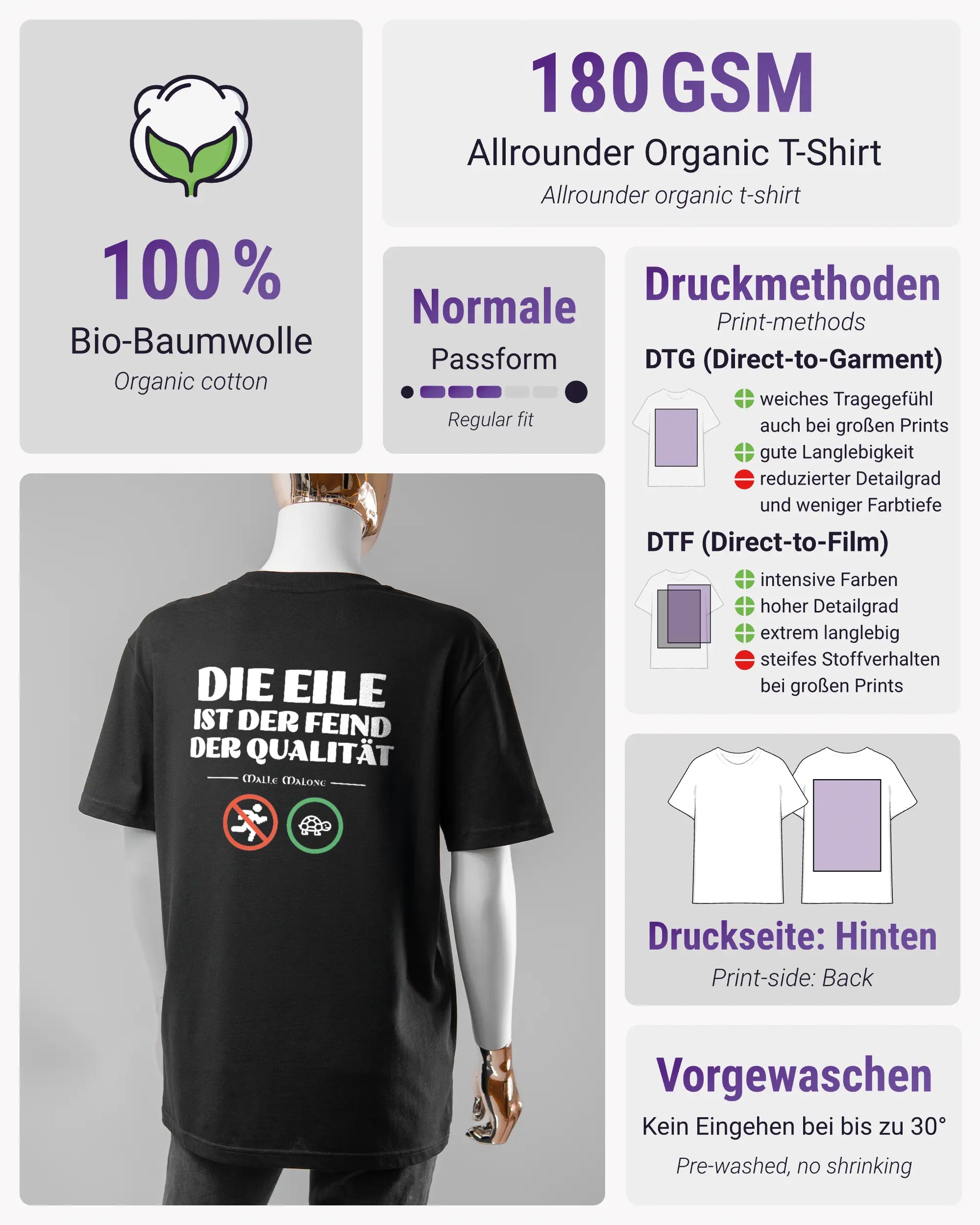 Produktinformationsblatt des Organic Unisex T-Shirt Casual von Maondo mit dem Design Keine Eile hinten in der Farbe Black und in der Größe S