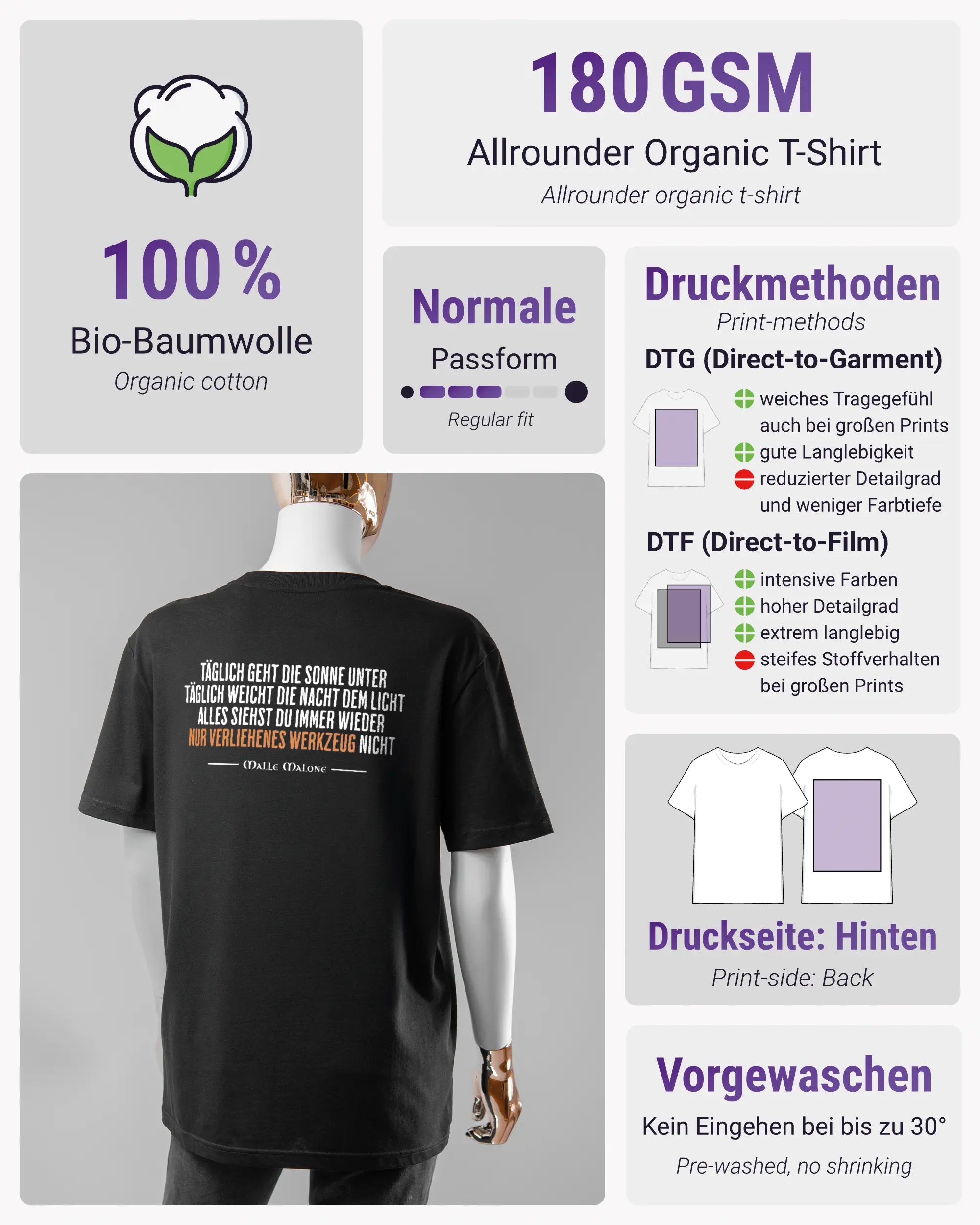 Produktinformationsblatt des Organic Unisex T-Shirt Casual von Maondo mit dem Design Wegzeug hinten in der Farbe Black und in der Größe S