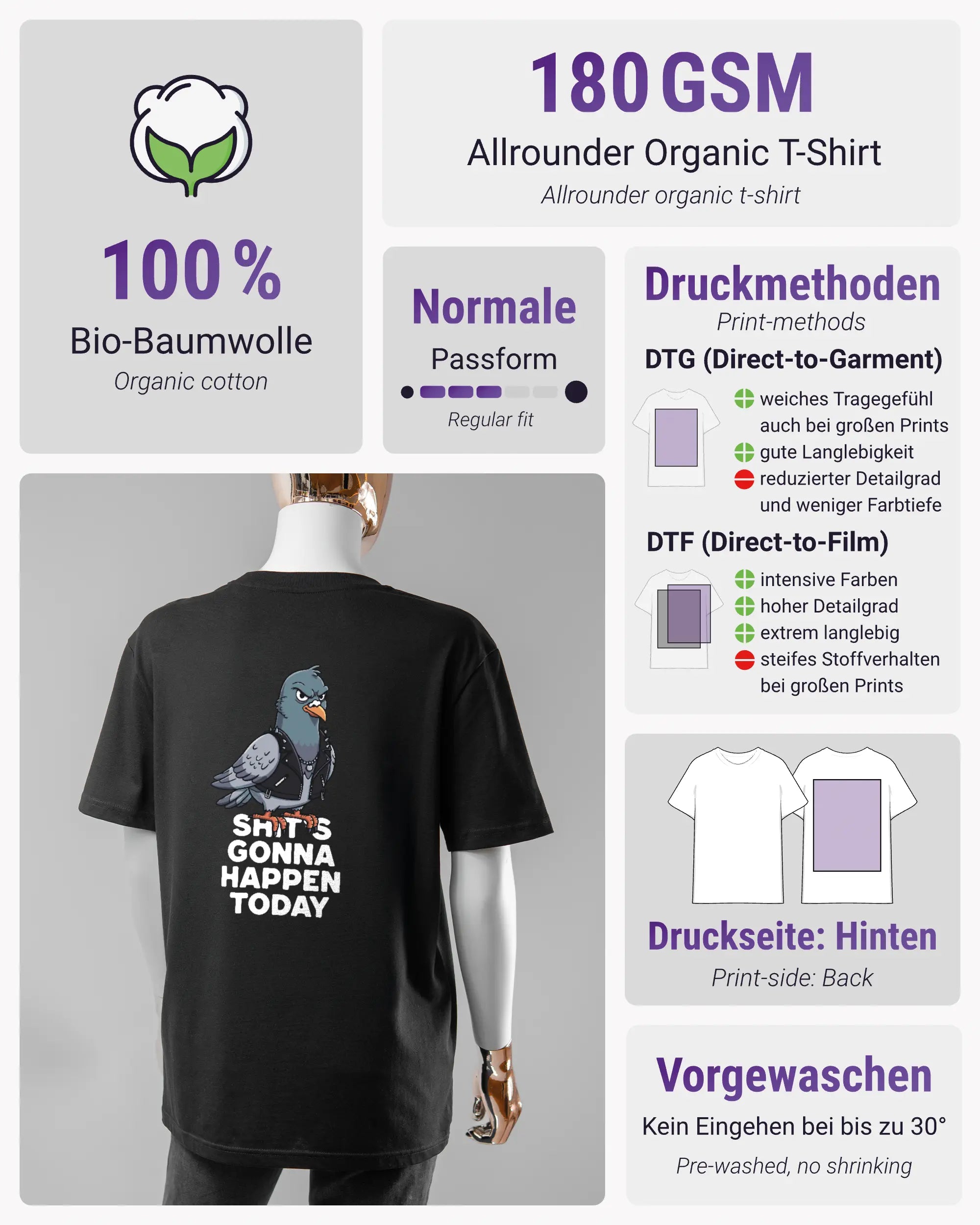 Produktinformationsblatt des Organic Unisex T-Shirt Casual von Maondo mit dem Design Pigeon Pun hinten in der Farbe Black und in der Größe S