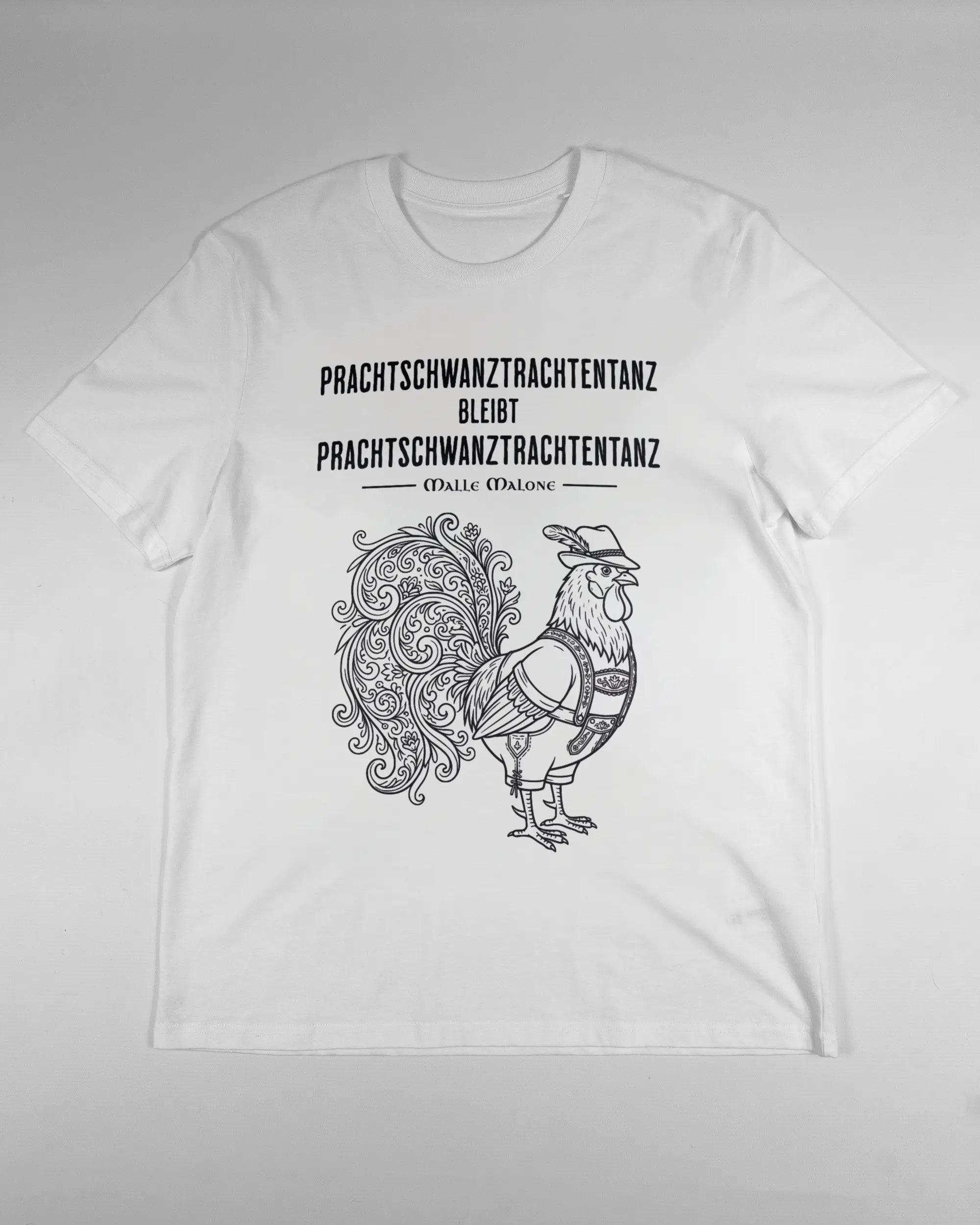 Vorderseite des Organic Unisex T-Shirt Casual von Maondo mit dem Design Trachtentanz in der Farbe White und in der Größe L flach auf den Boden gelegt