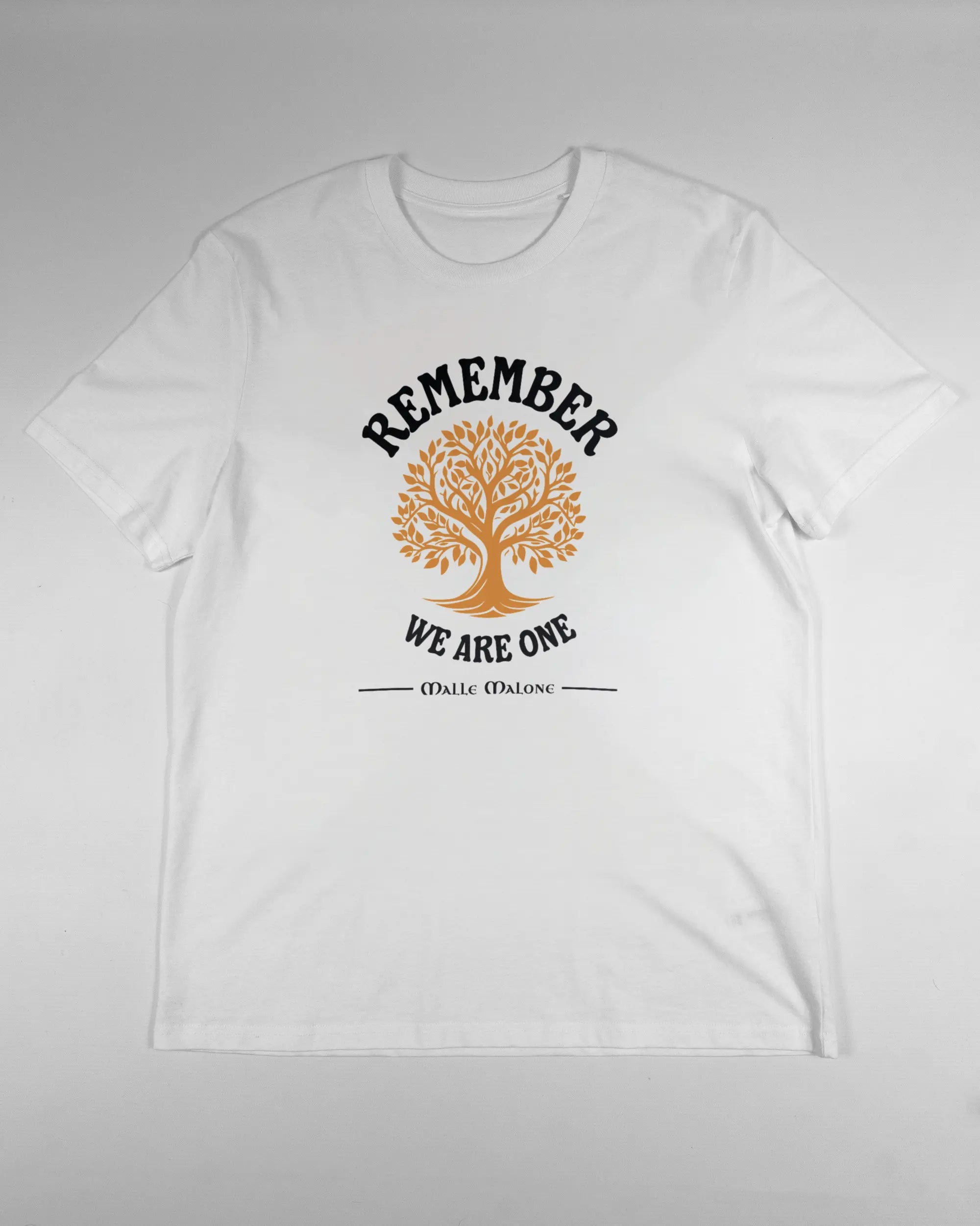 Vorderseite des Organic Unisex T-Shirt Casual von Maondo mit dem Design We are one in der Farbe White und in der Größe L flach auf den Boden gelegt