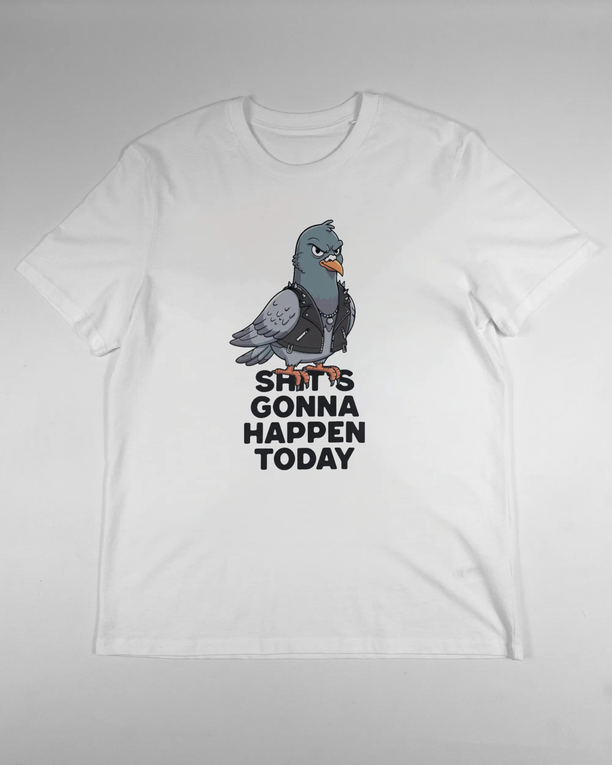 Vorderseite des Organic Unisex T-Shirt Casual von Maondo mit dem Design Pigeon Pun in der Farbe White und in der Größe L flach auf den Boden gelegt