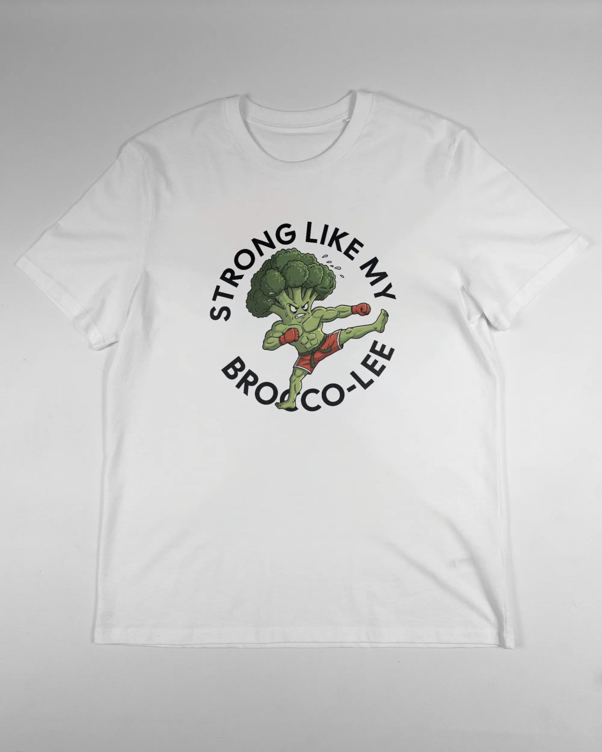 Vorderseite des Organic Unisex T-Shirt Casual von Maondo mit dem Design Brocco-Lee in der Farbe White und in der Größe L flach auf den Boden gelegt