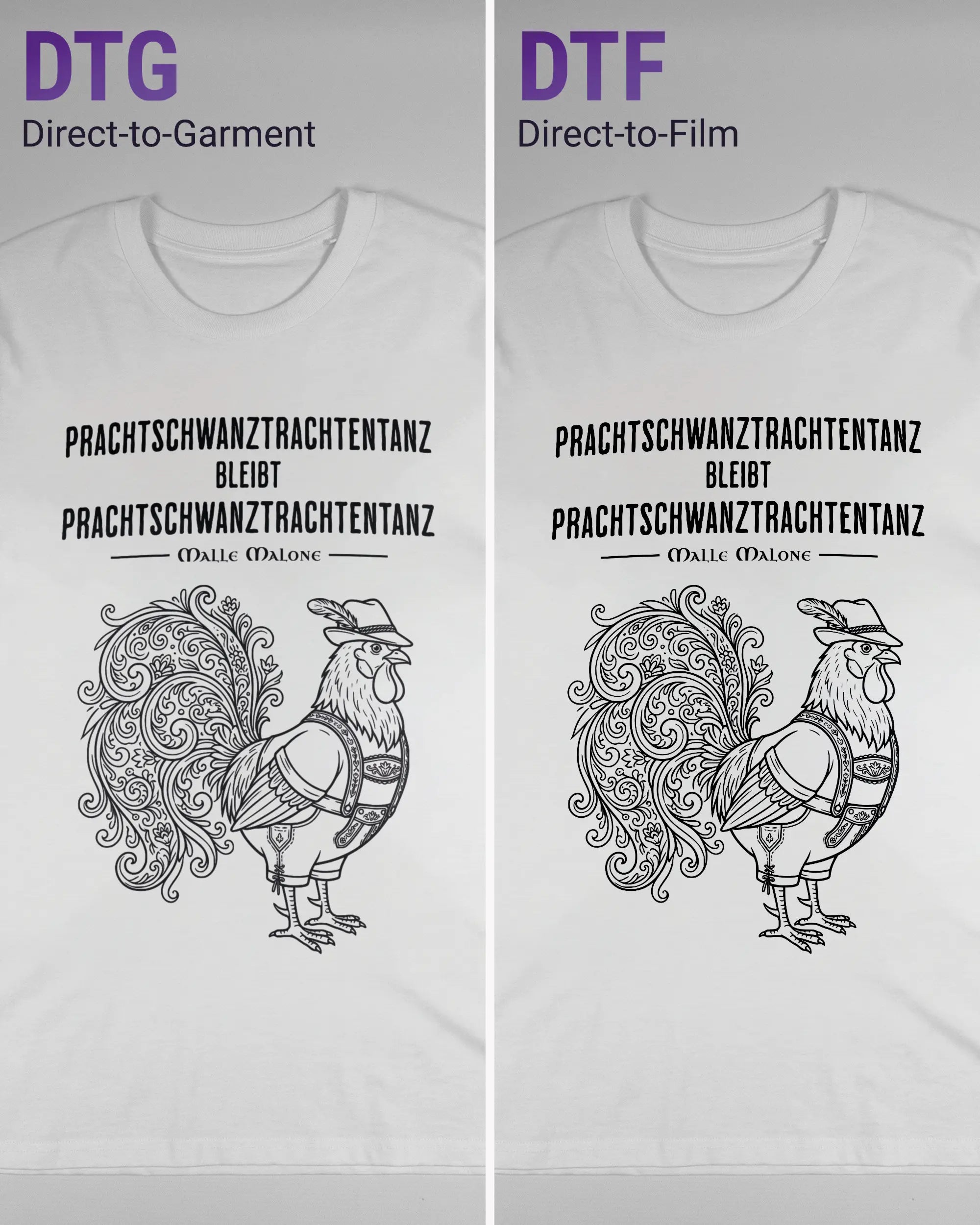 Vergleich der Vorderseiten des Organic Unisex T-Shirt Casual von Maondo mit dem Design Trachtentanz in der Farbe White und in der Größe L links mit dem Direct-to-Garment und rechts mit dem Direct-to-Film Verfahren