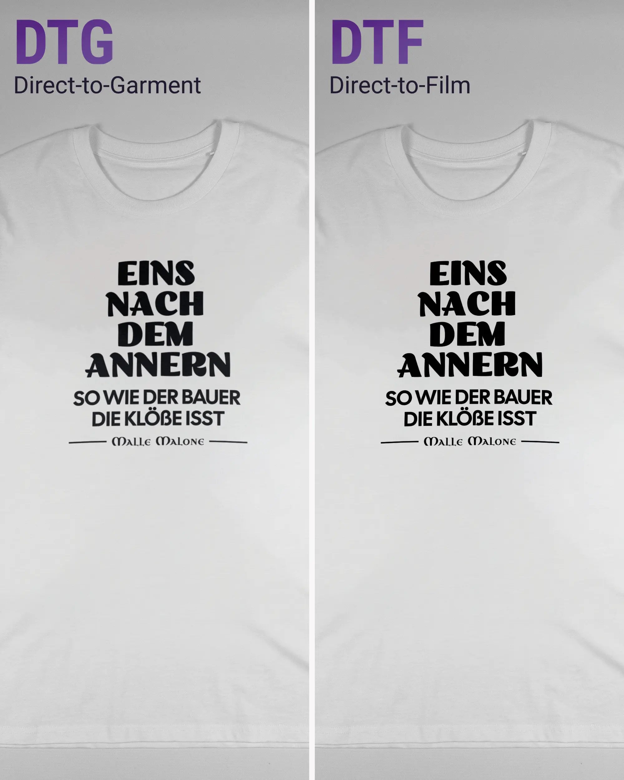 Vergleich der Vorderseiten des Organic Unisex T-Shirt Casual von Maondo mit dem Design Eins nach dem Annern in der Farbe White und in der Größe L links mit dem Direct-to-Garment und rechts mit dem Direct-to-Film Verfahren