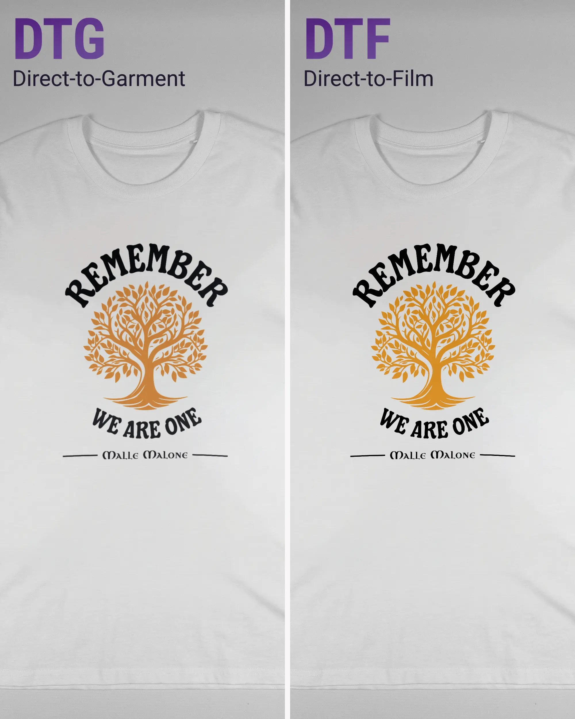 Vergleich der Vorderseiten des Organic Unisex T-Shirt Casual von Maondo mit dem Design We are one in der Farbe White und in der Größe L links mit dem Direct-to-Garment und rechts mit dem Direct-to-Film Verfahren