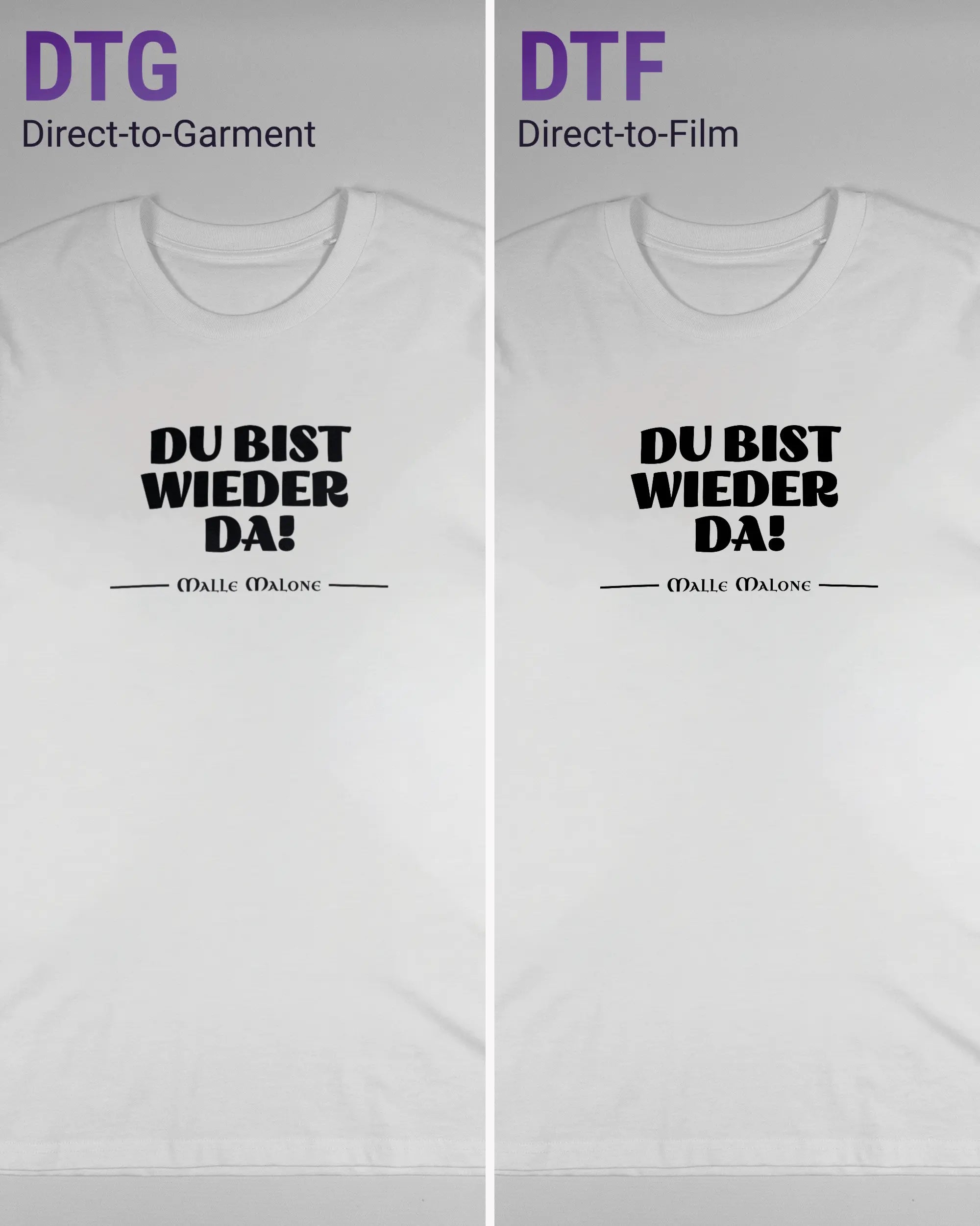 Vergleich der Vorderseiten des Organic Unisex T-Shirt Casual von Maondo mit dem Design Wieder da in der Farbe White und in der Größe L links mit dem Direct-to-Garment und rechts mit dem Direct-to-Film Verfahren