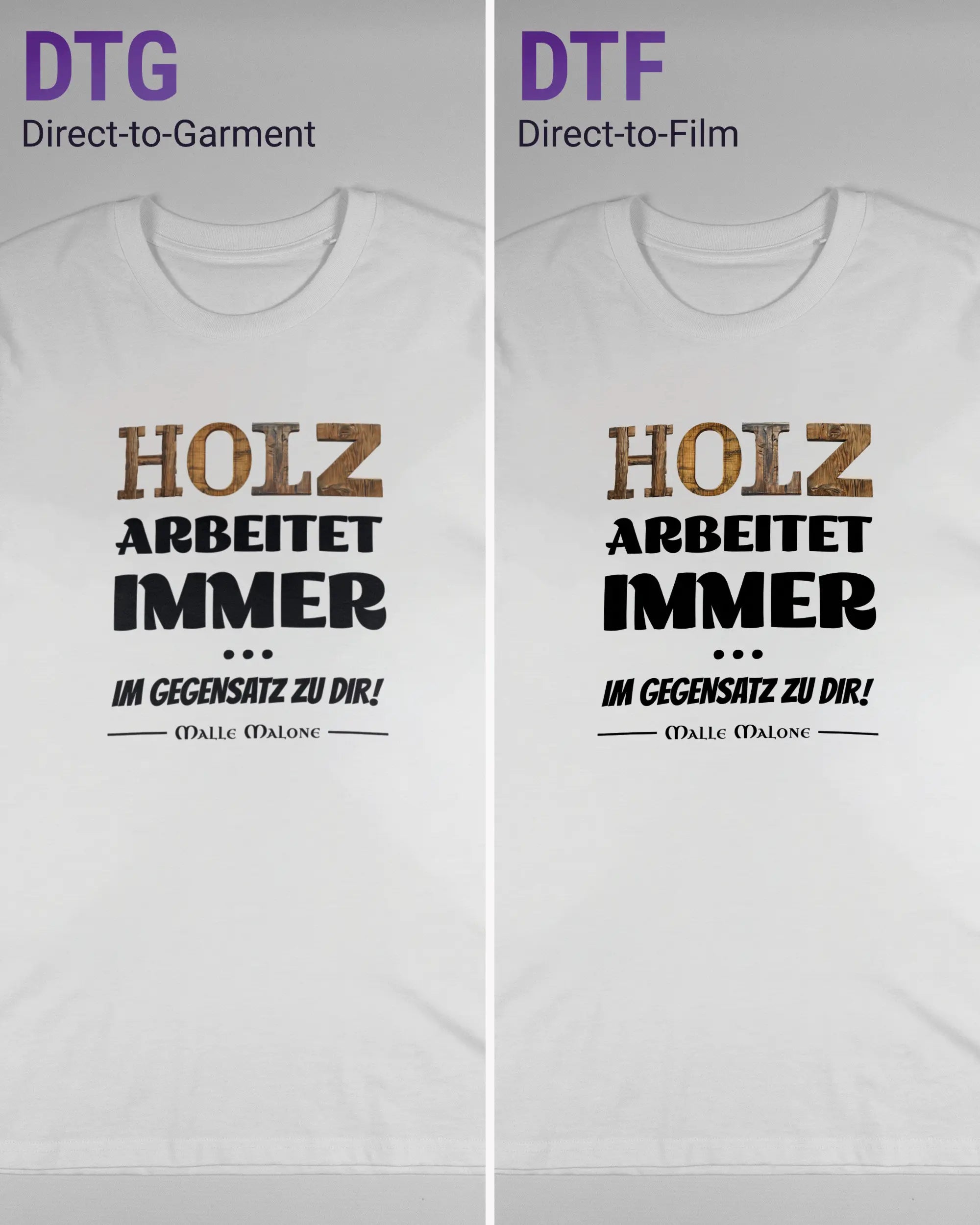 Vergleich der Vorderseiten des Organic Unisex T-Shirt Casual von Maondo mit dem Design Holzarbeit in der Farbe White und in der Größe L links mit dem Direct-to-Garment und rechts mit dem Direct-to-Film Verfahren