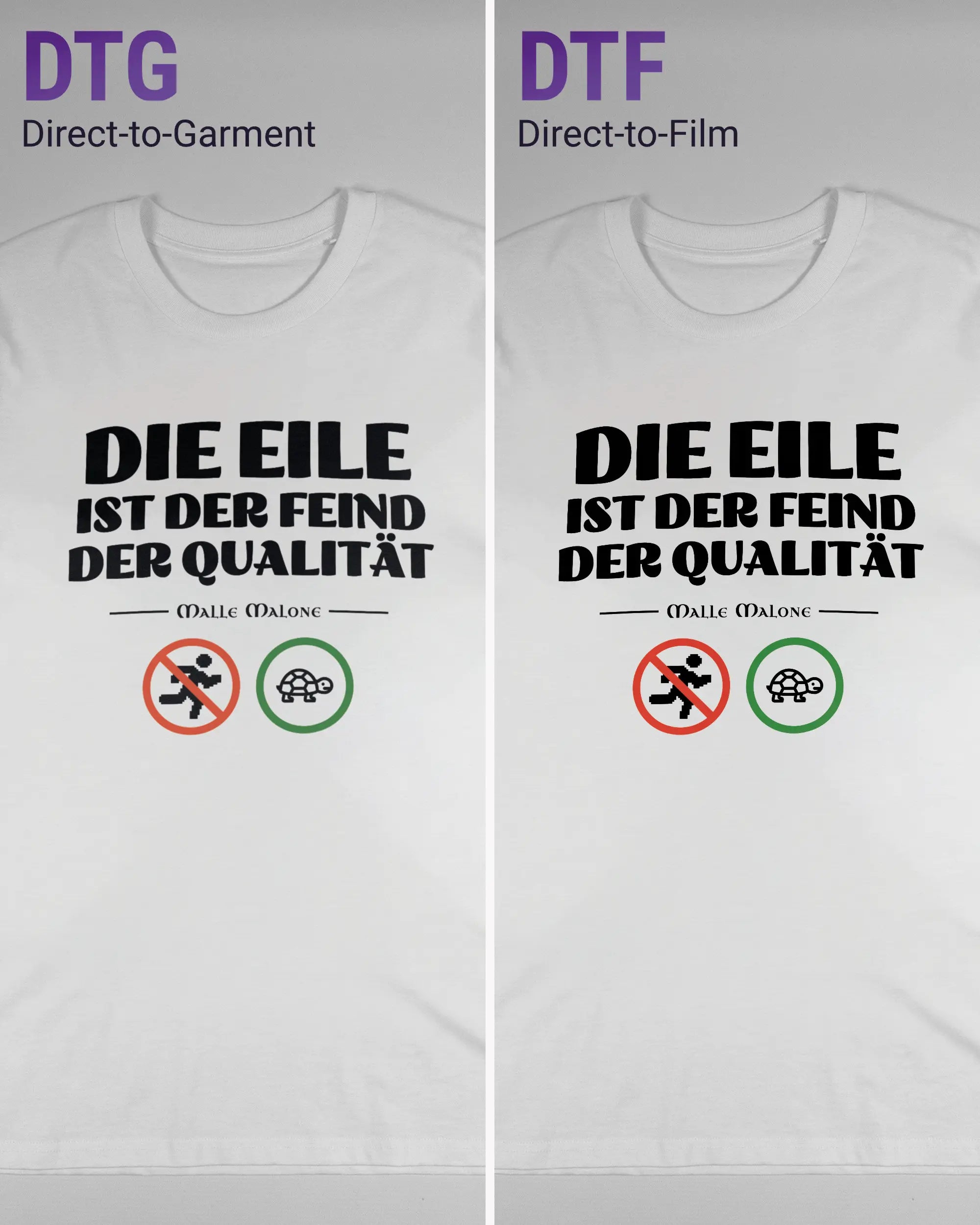 Vergleich der Vorderseiten des Organic Unisex T-Shirt Casual von Maondo mit dem Design Keine Eile in der Farbe White und in der Größe L links mit dem Direct-to-Garment und rechts mit dem Direct-to-Film Verfahren