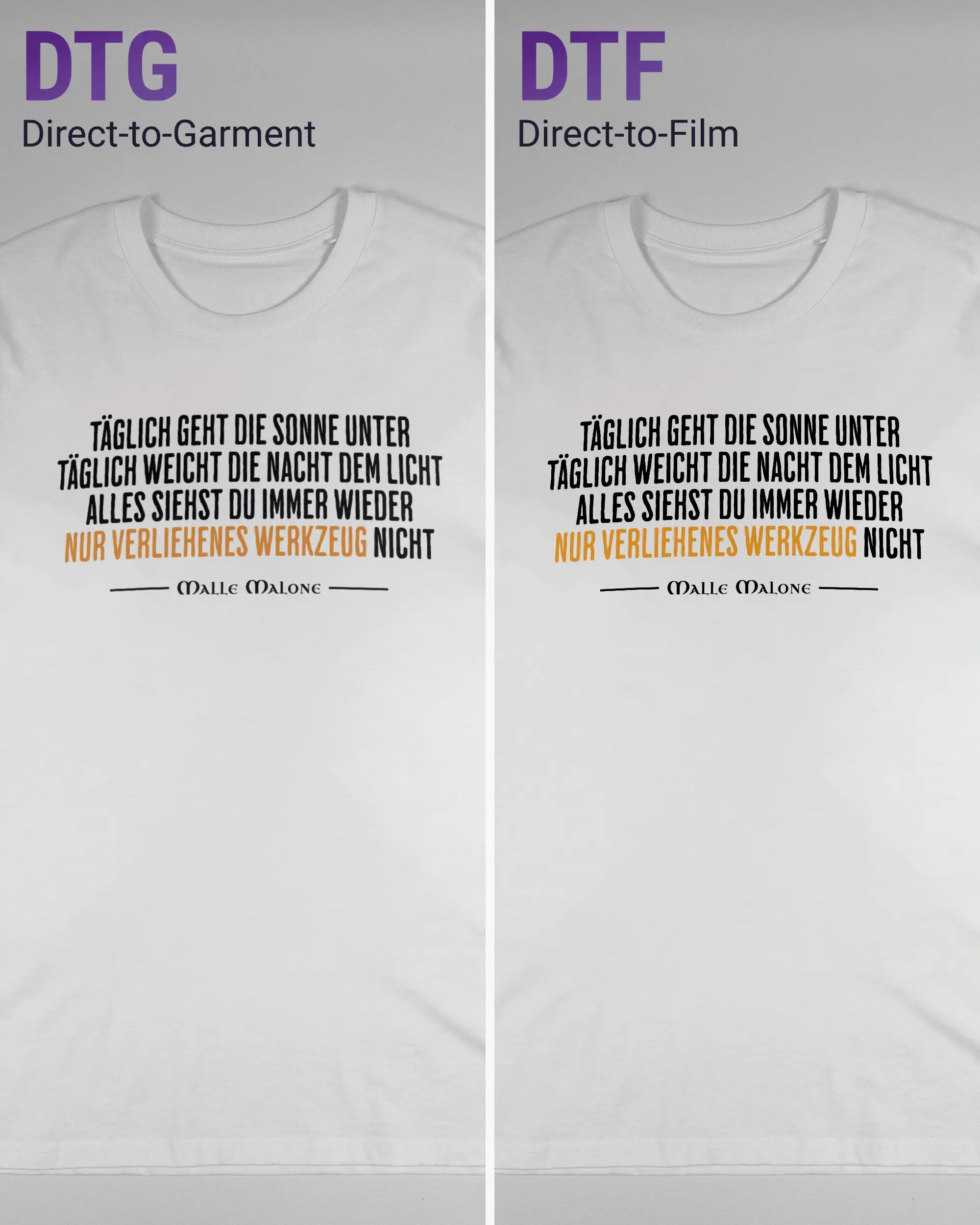 Vergleich der Vorderseiten des Organic Unisex T-Shirt Casual von Maondo mit dem Design Wegzeug in der Farbe White und in der Größe L links mit dem Direct-to-Garment und rechts mit dem Direct-to-Film Verfahren