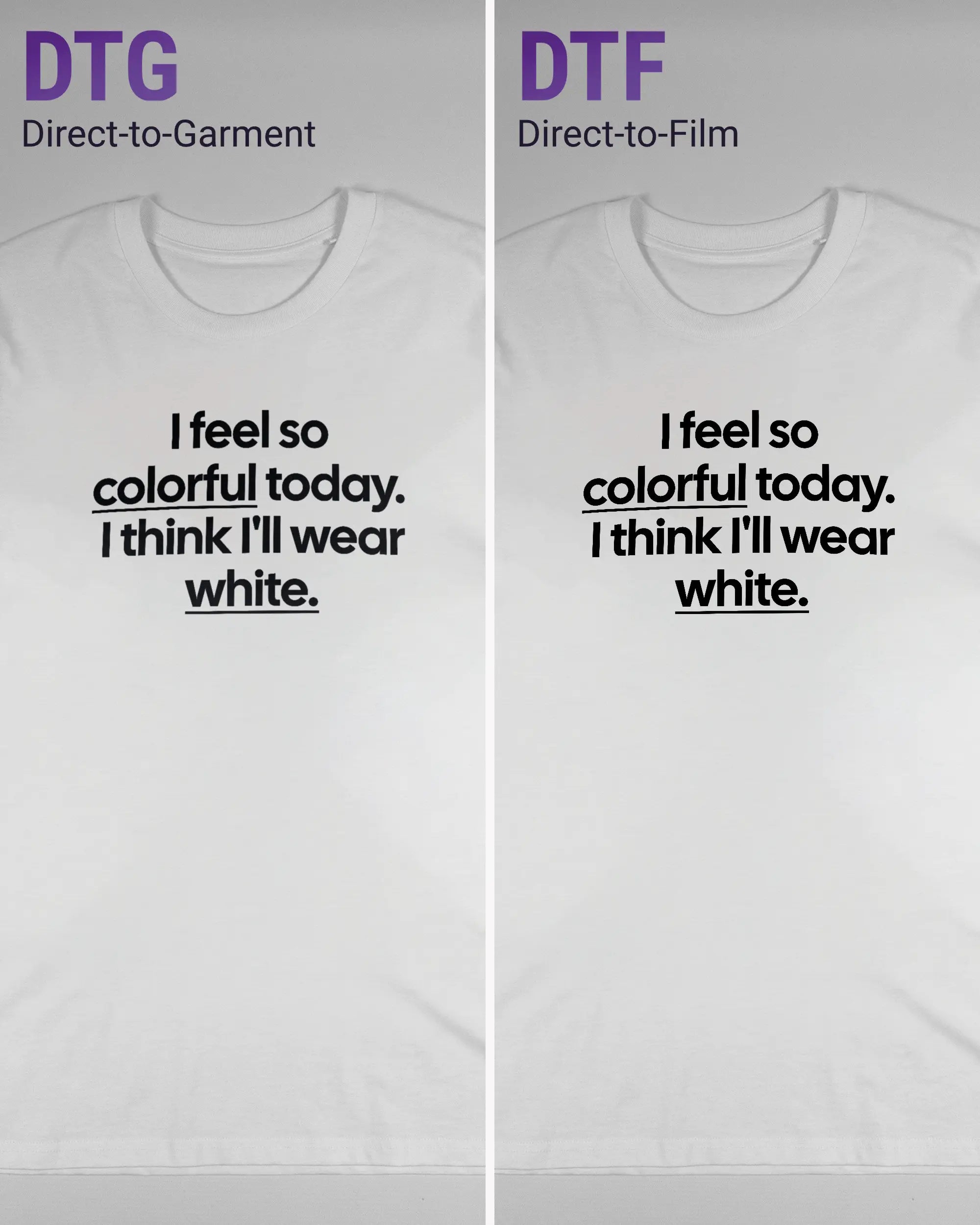 Vergleich der Vorderseiten des Organic Unisex T-Shirt Casual von Maondo mit dem Design Colorful Day in der Farbe White und in der Größe L links mit dem Direct-to-Garment und rechts mit dem Direct-to-Film Verfahren