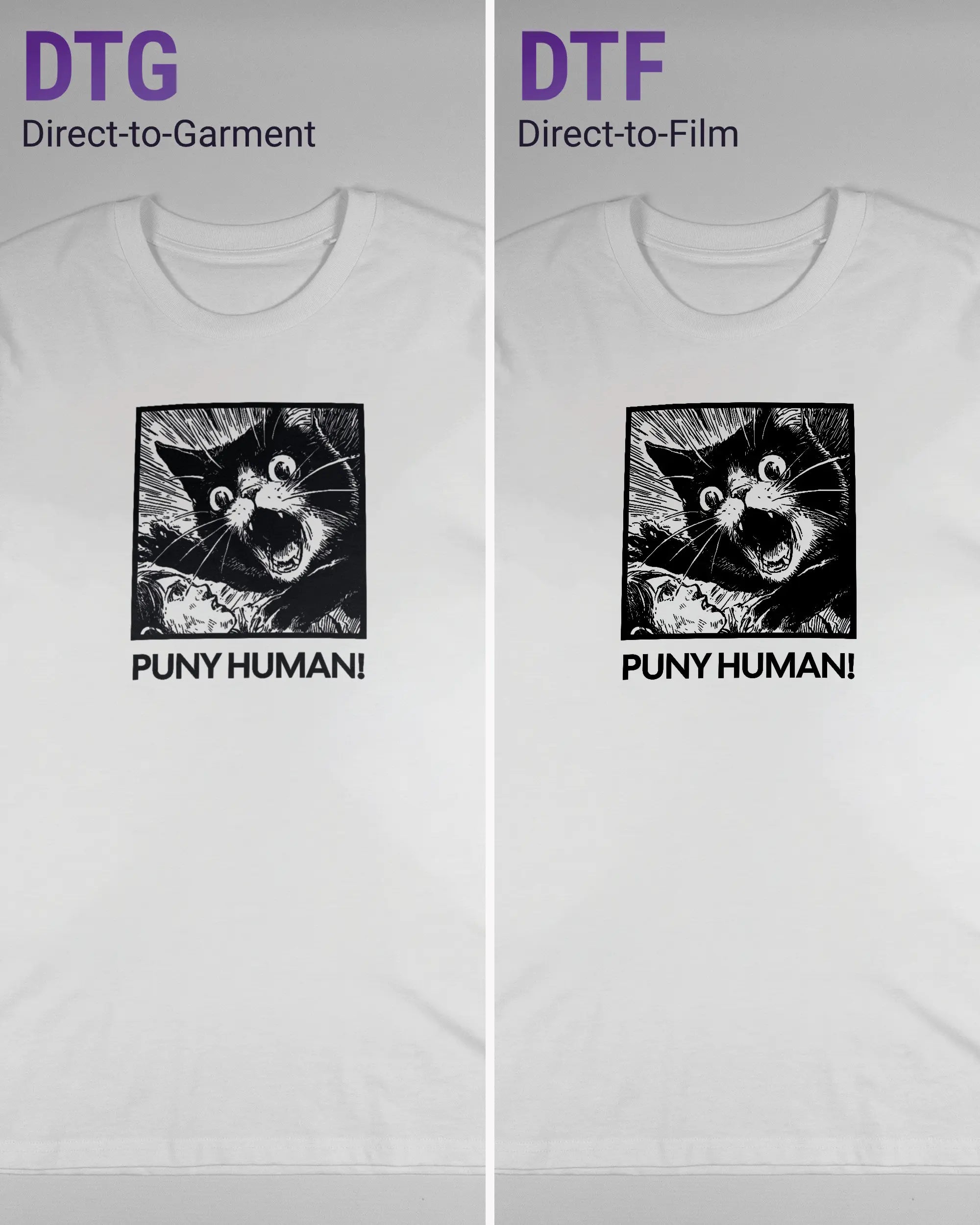 Vergleich der Vorderseiten des Organic Unisex T-Shirt Casual von Maondo mit dem Design Puny Human in der Farbe White und in der Größe L links mit dem Direct-to-Garment und rechts mit dem Direct-to-Film Verfahren