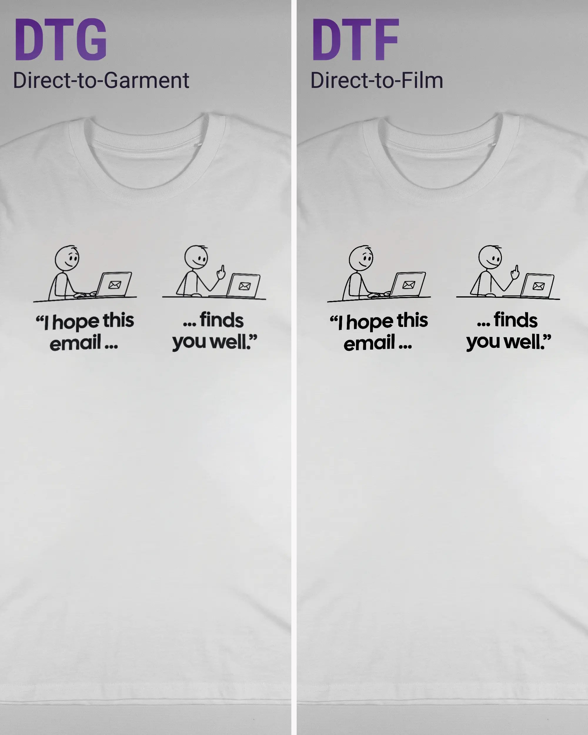 Vergleich der Vorderseiten des Organic Unisex T-Shirt Casual von Maondo mit dem Design Found me not well in der Farbe White und in der Größe L links mit dem Direct-to-Garment und rechts mit dem Direct-to-Film Verfahren