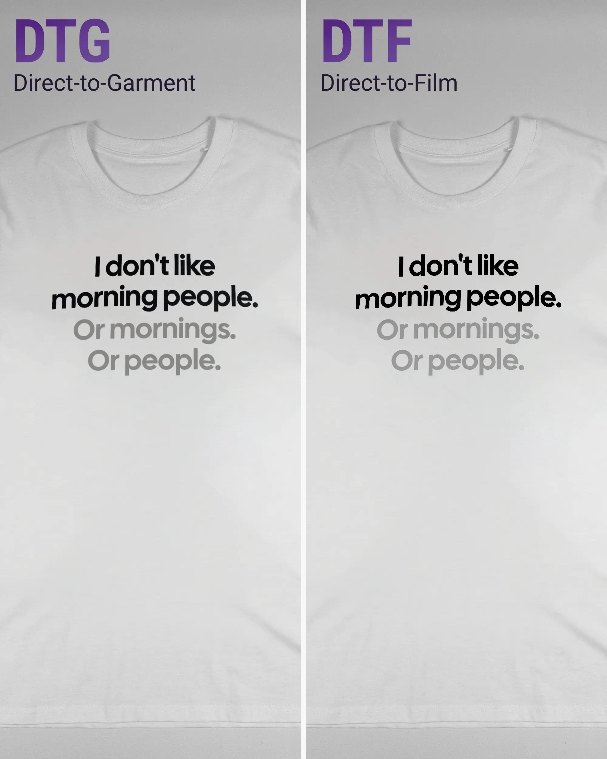 Vergleich der Vorderseiten des Organic Unisex T-Shirt Casual von Maondo mit dem Design Morning Person in der Farbe White und in der Größe L links mit dem Direct-to-Garment und rechts mit dem Direct-to-Film Verfahren