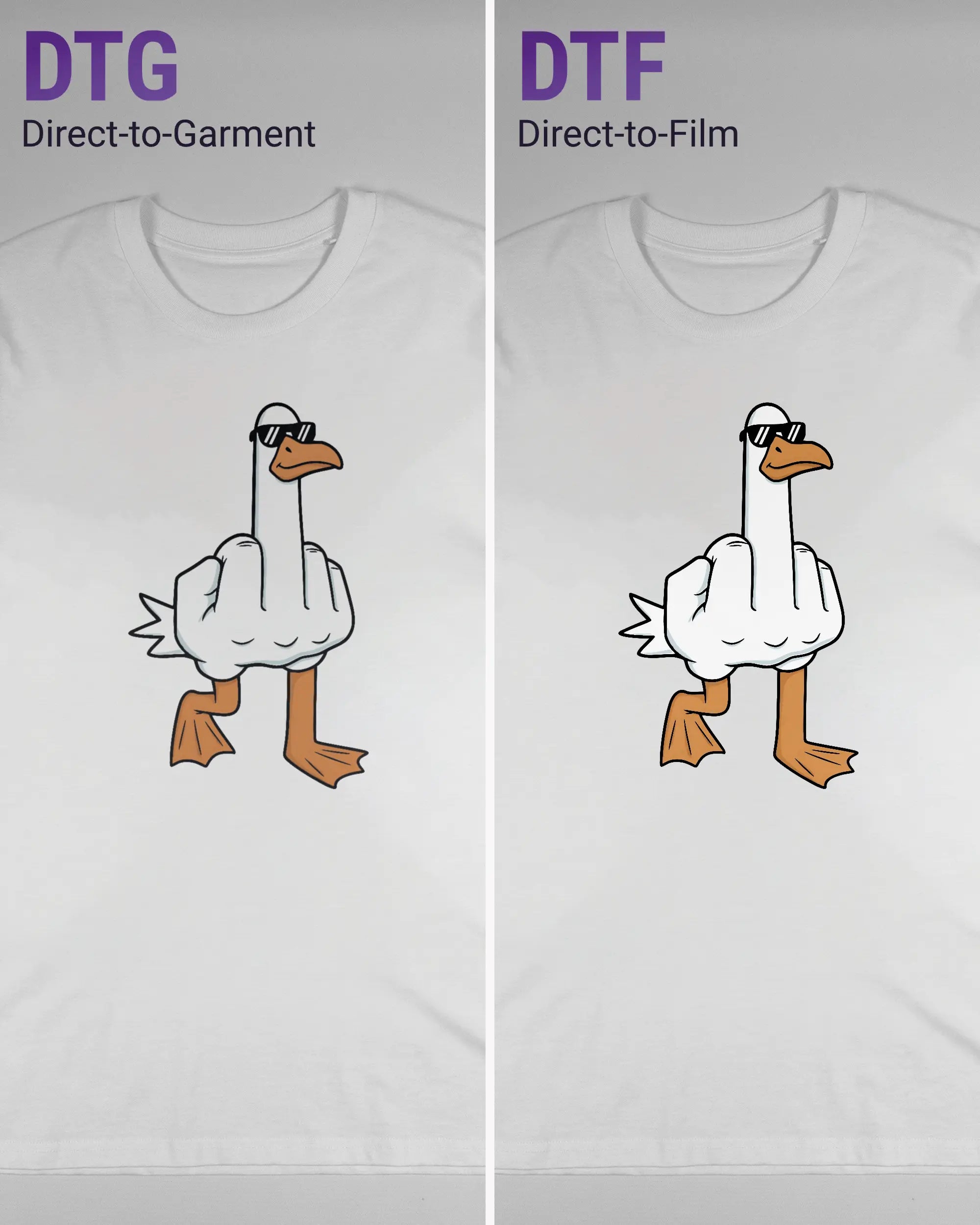 Vergleich der Vorderseiten des Organic Unisex T-Shirt Casual von Maondo mit dem Design I give a duck in der Farbe White und in der Größe L links mit dem Direct-to-Garment und rechts mit dem Direct-to-Film Verfahren