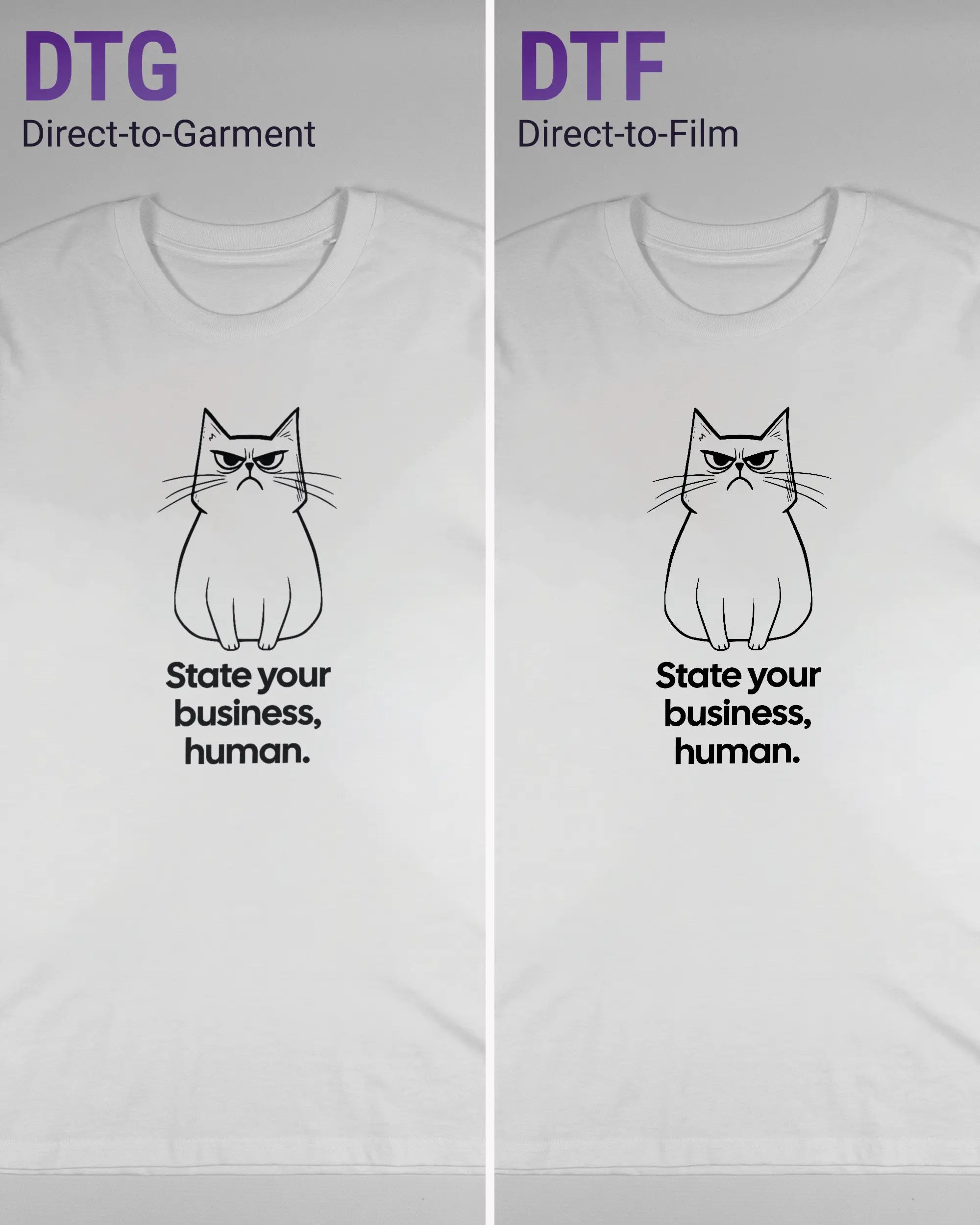 Vergleich der Vorderseiten des Organic Unisex T-Shirt Casual von Maondo mit dem Design Grumpy Purr in der Farbe White und in der Größe L links mit dem Direct-to-Garment und rechts mit dem Direct-to-Film Verfahren
