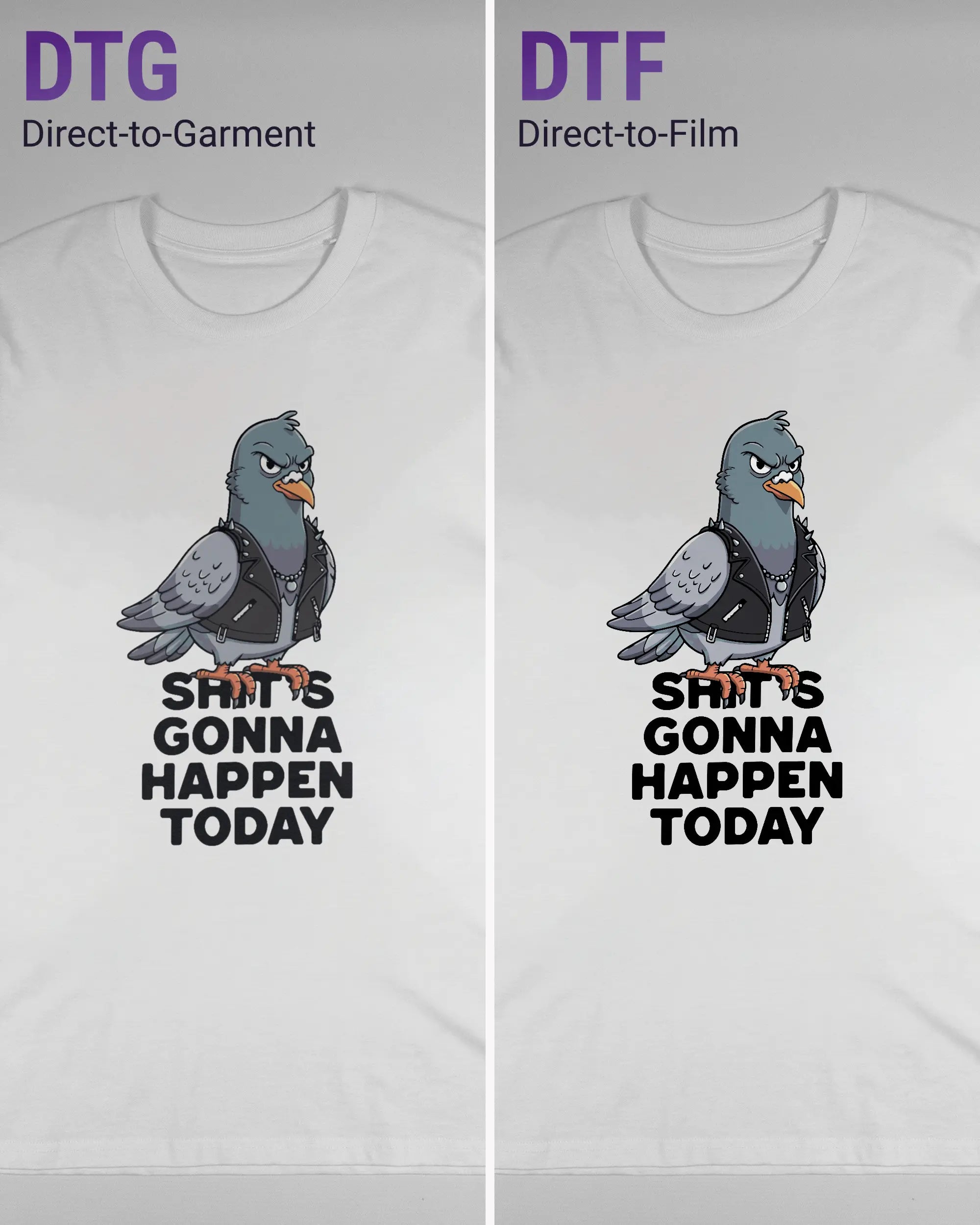 Vergleich der Vorderseiten des Organic Unisex T-Shirt Casual von Maondo mit dem Design Pigeon Pun in der Farbe White und in der Größe L links mit dem Direct-to-Garment und rechts mit dem Direct-to-Film Verfahren