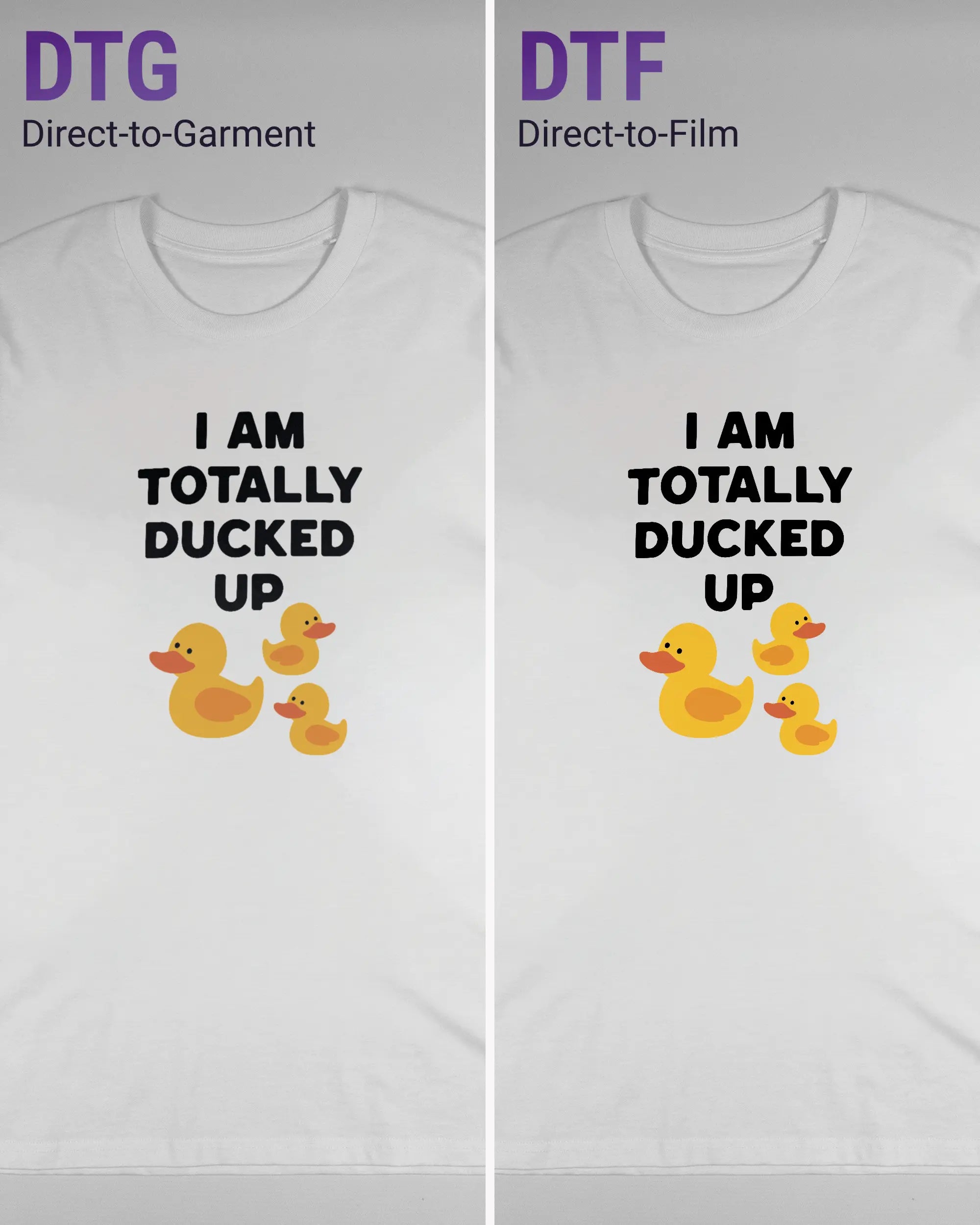 Vergleich der Vorderseiten des Organic Unisex T-Shirt Casual von Maondo mit dem Design Ducked Up in der Farbe White und in der Größe L links mit dem Direct-to-Garment und rechts mit dem Direct-to-Film Verfahren