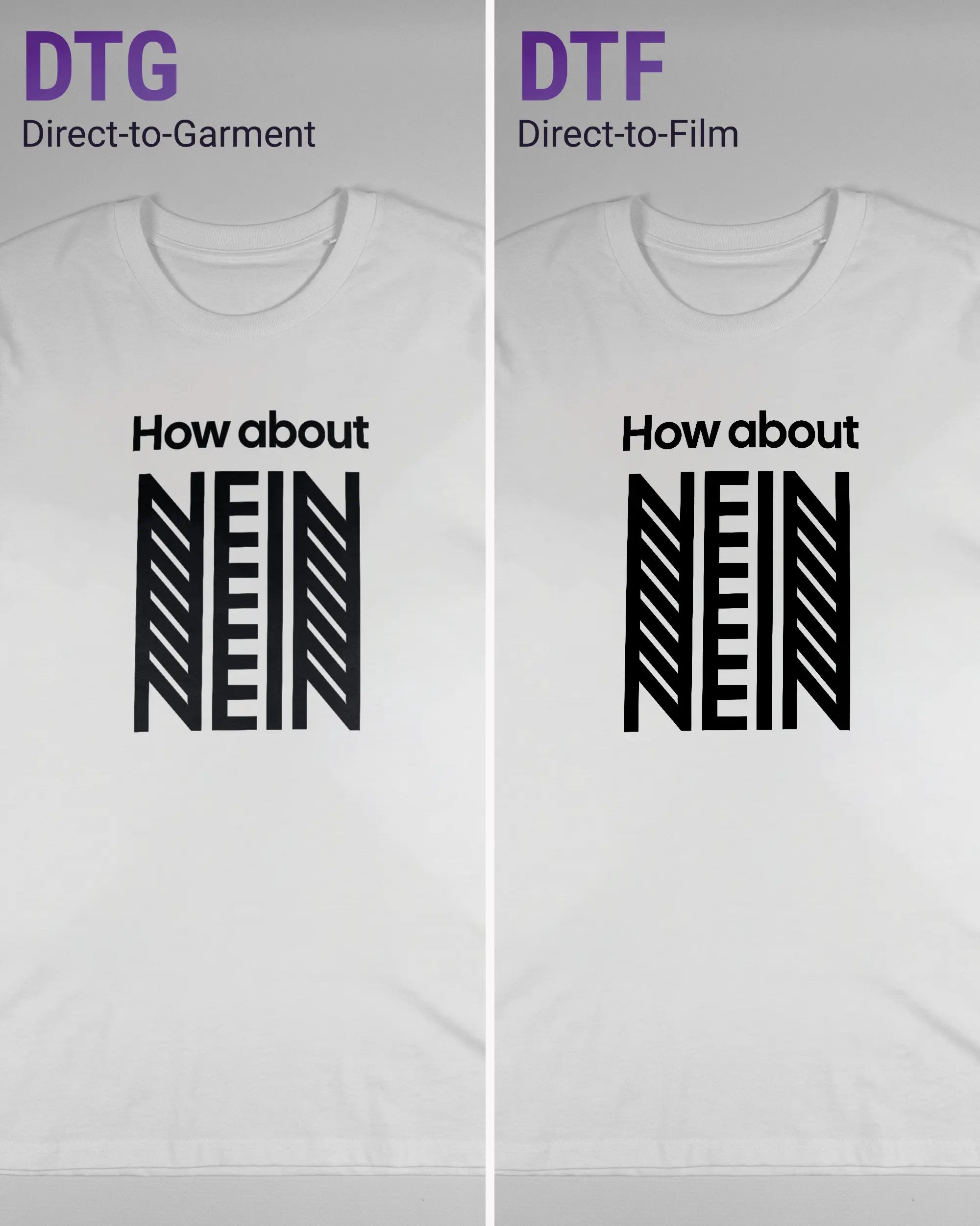 Vergleich der Vorderseiten des Organic Unisex T-Shirt Casual von Maondo mit dem Design How about nein in der Farbe White und in der Größe L links mit dem Direct-to-Garment und rechts mit dem Direct-to-Film Verfahren