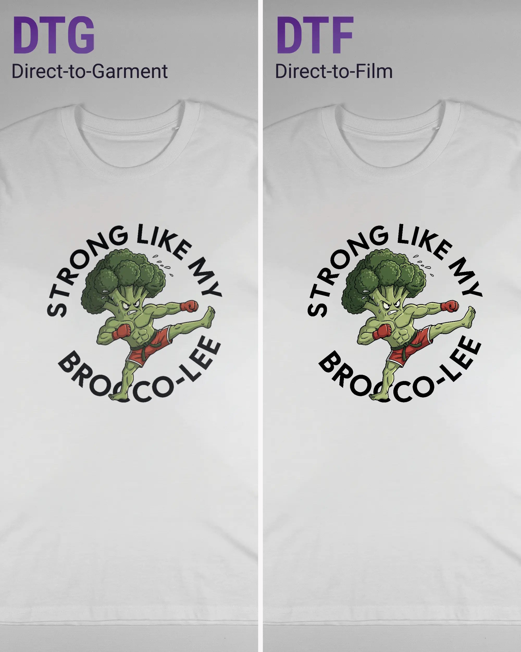 Vergleich der Vorderseiten des Organic Unisex T-Shirt Casual von Maondo mit dem Design Brocco-Lee in der Farbe White und in der Größe L links mit dem Direct-to-Garment und rechts mit dem Direct-to-Film Verfahren