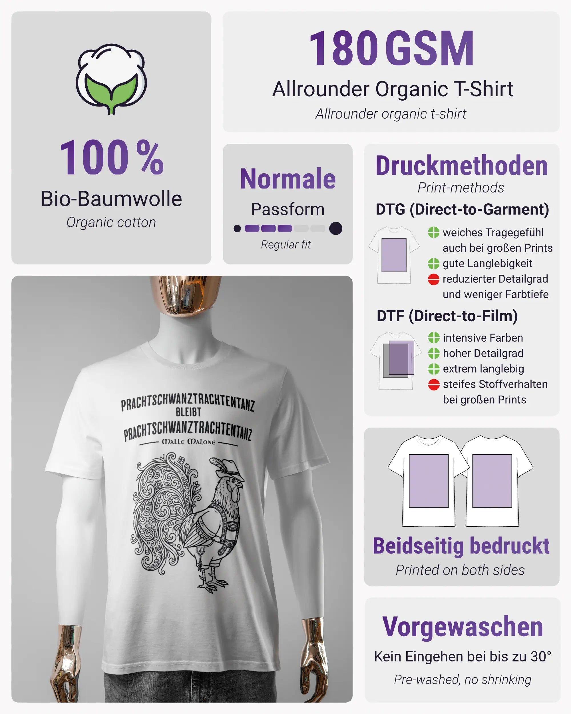 Produktinformationsblatt des Organic Unisex T-Shirt Casual von Maondo mit dem Design Trachtentanz vorne in der Farbe White und in der Größe S