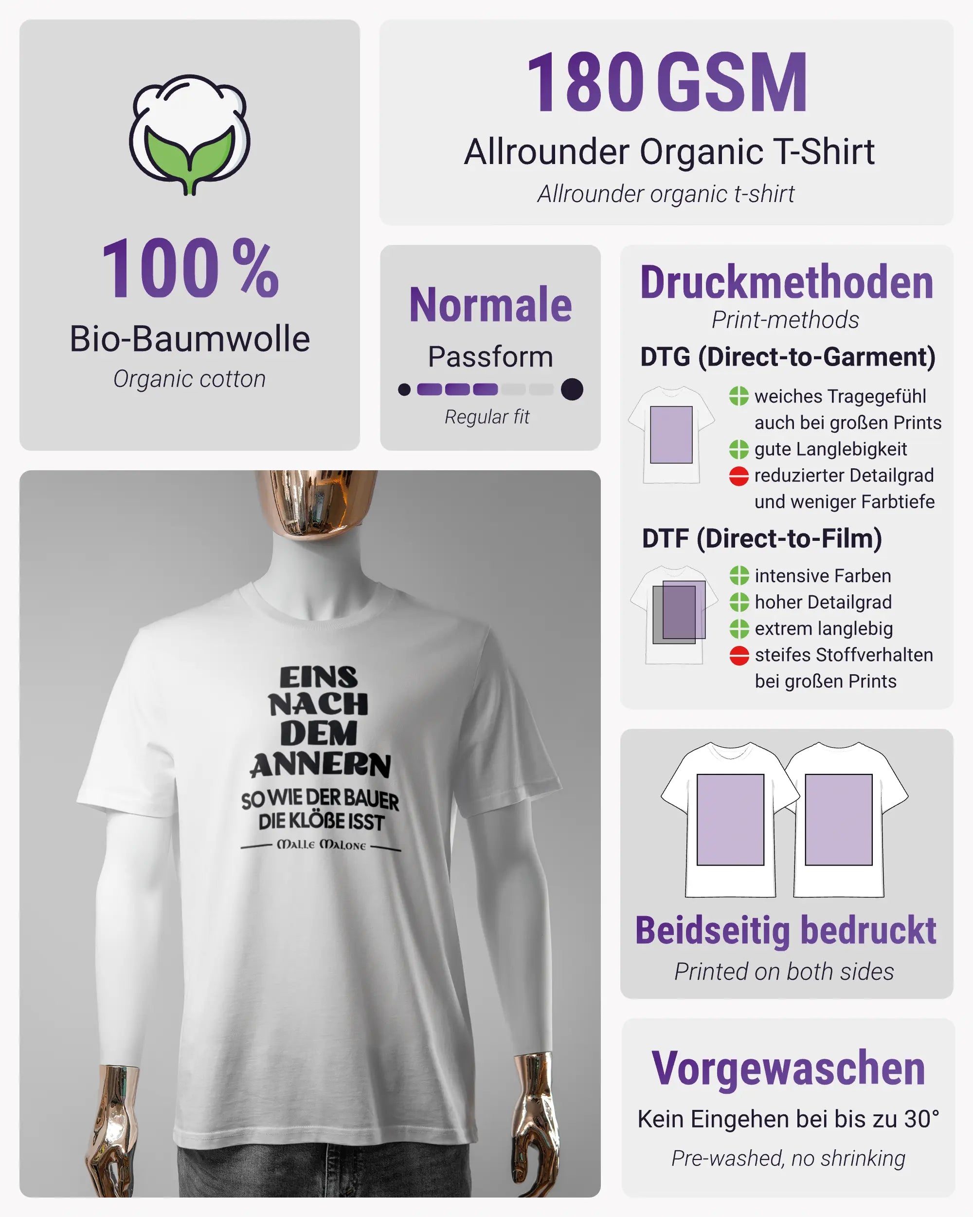 Produktinformationsblatt des Organic Unisex T-Shirt Casual von Maondo mit dem Design Eins nach dem Annern vorne in der Farbe White und in der Größe S