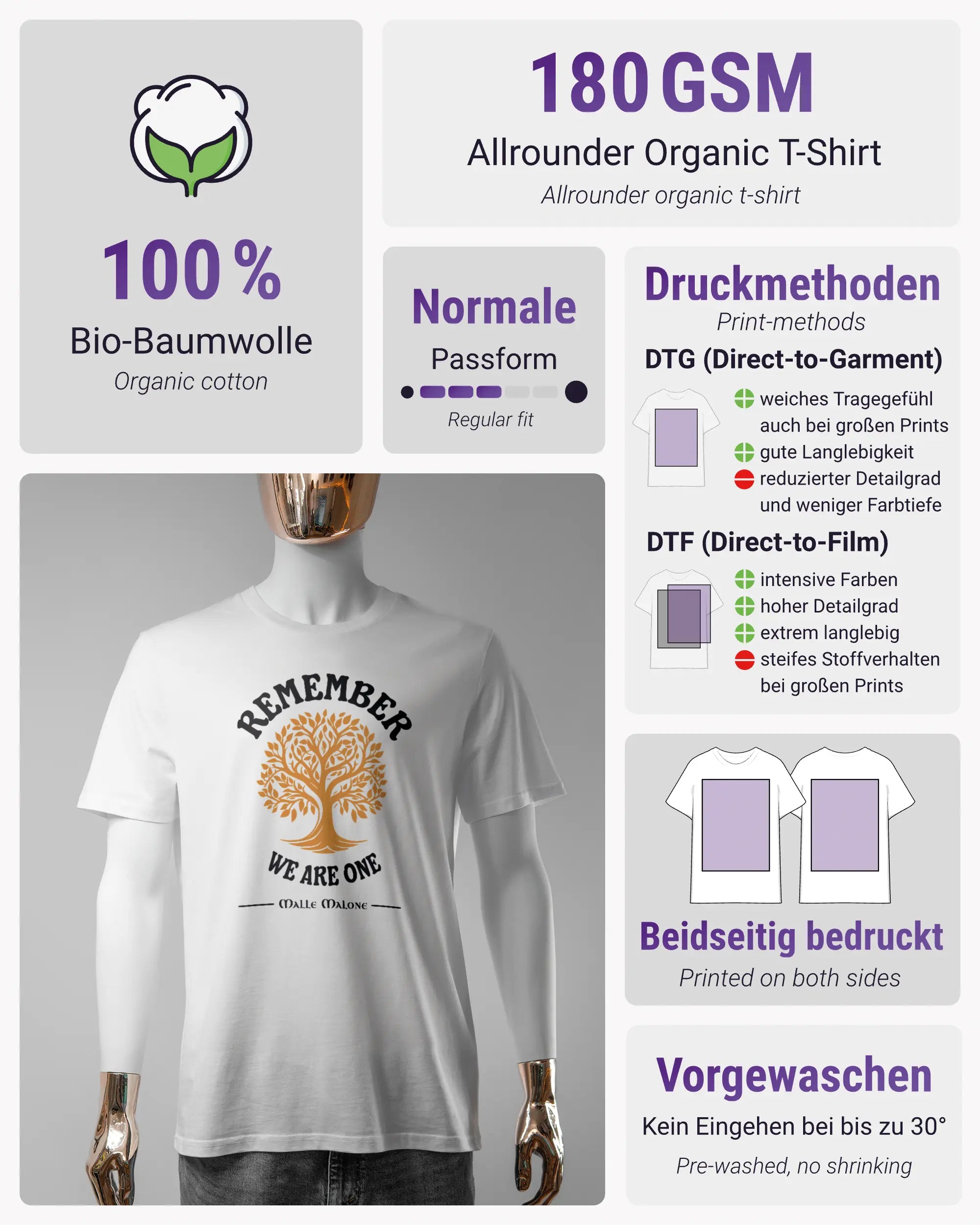 Produktinformationsblatt des Organic Unisex T-Shirt Casual von Maondo mit dem Design We are one vorne in der Farbe White und in der Größe S