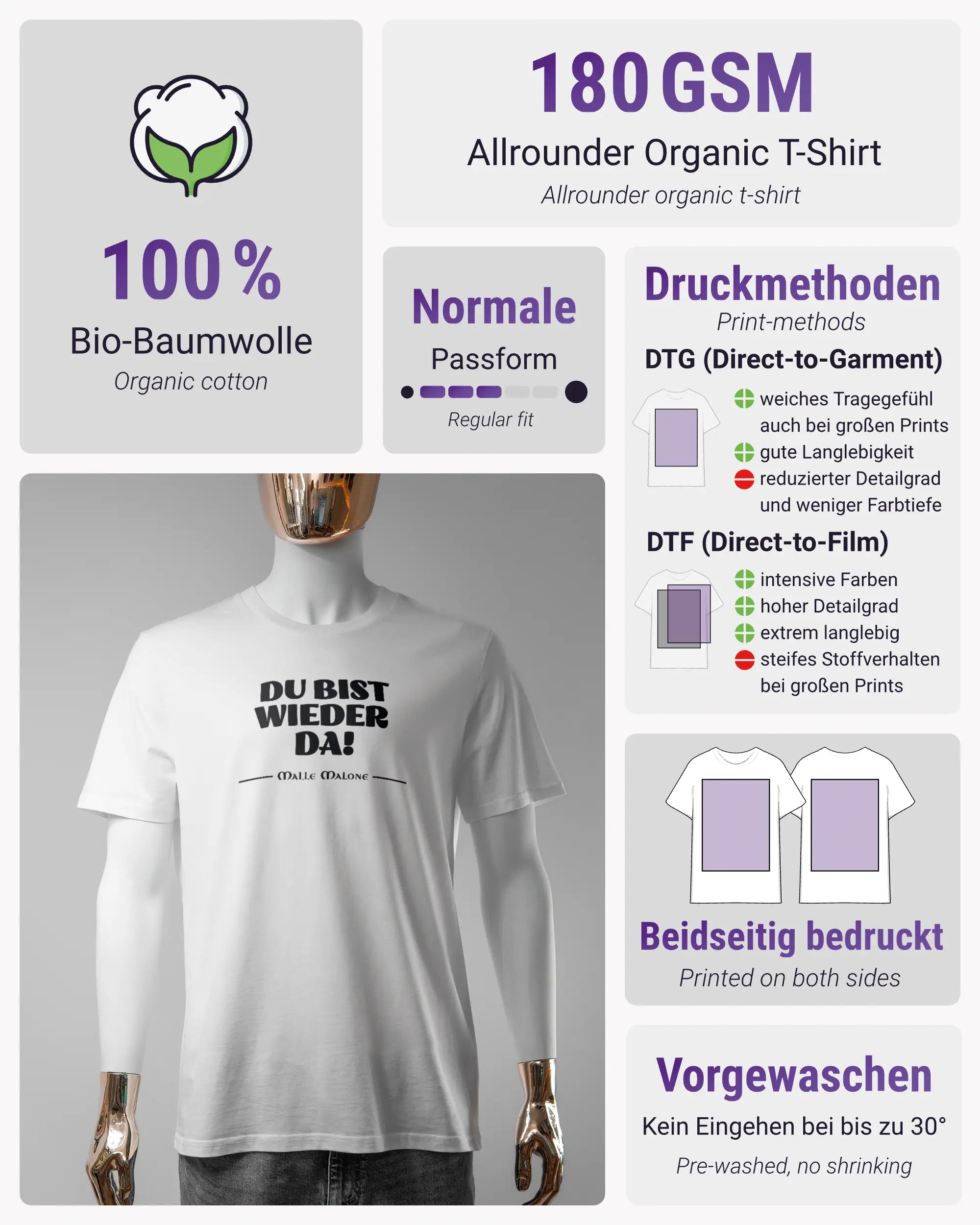 Produktinformationsblatt des Organic Unisex T-Shirt Casual von Maondo mit dem Design Wieder da vorne in der Farbe White und in der Größe S