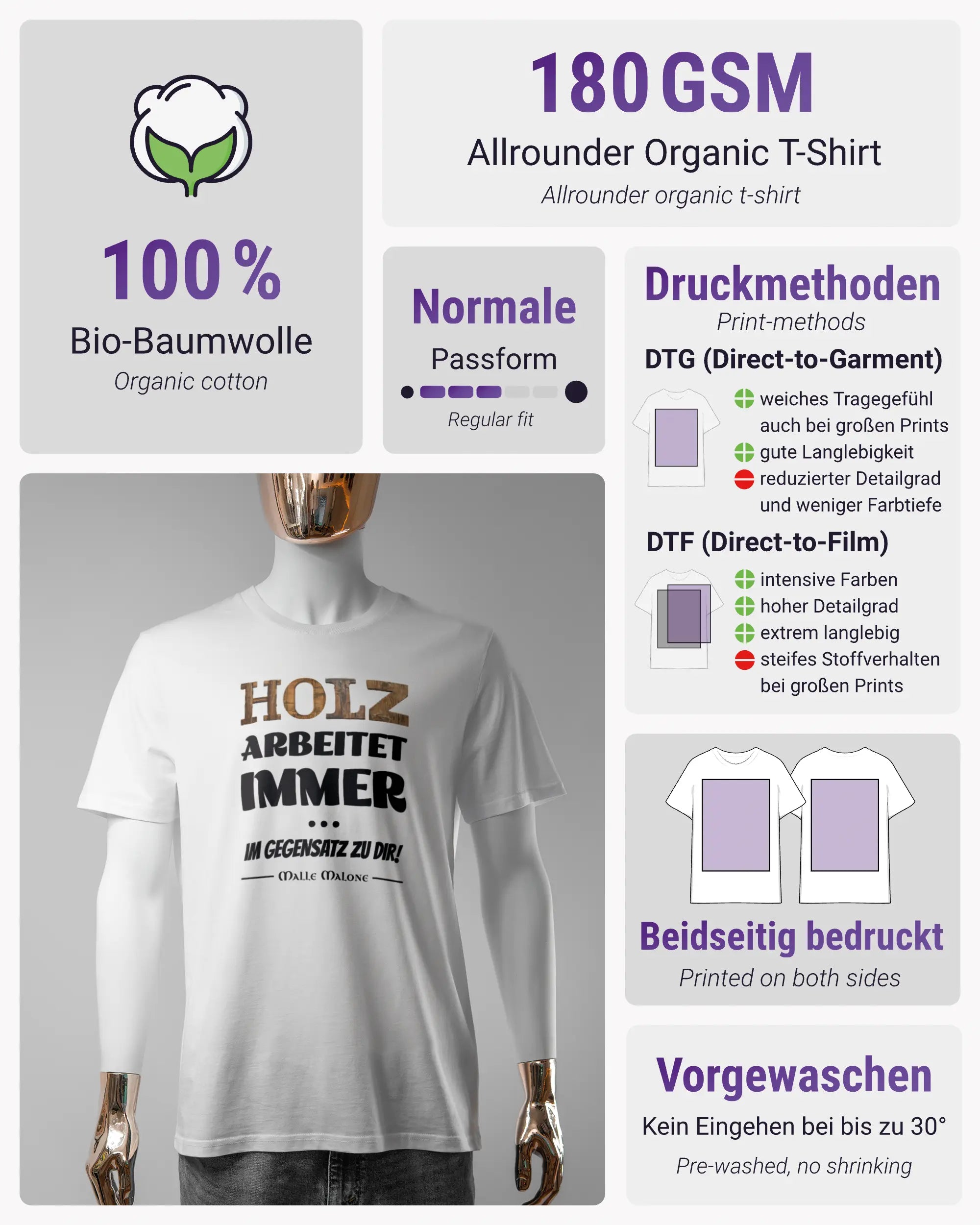 Produktinformationsblatt des Organic Unisex T-Shirt Casual von Maondo mit dem Design Holzarbeit vorne in der Farbe White und in der Größe S