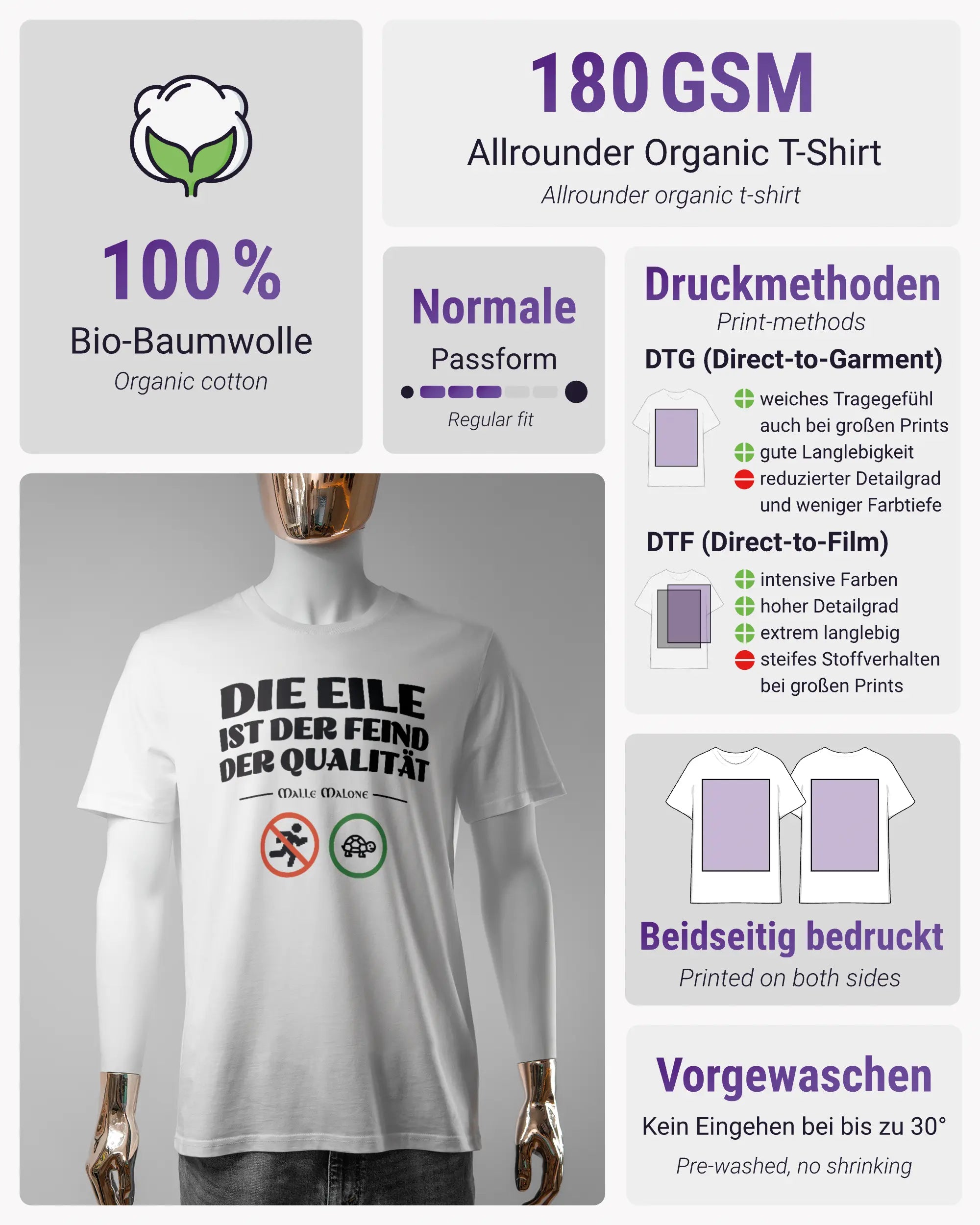 Produktinformationsblatt des Organic Unisex T-Shirt Casual von Maondo mit dem Design Keine Eile vorne in der Farbe White und in der Größe S