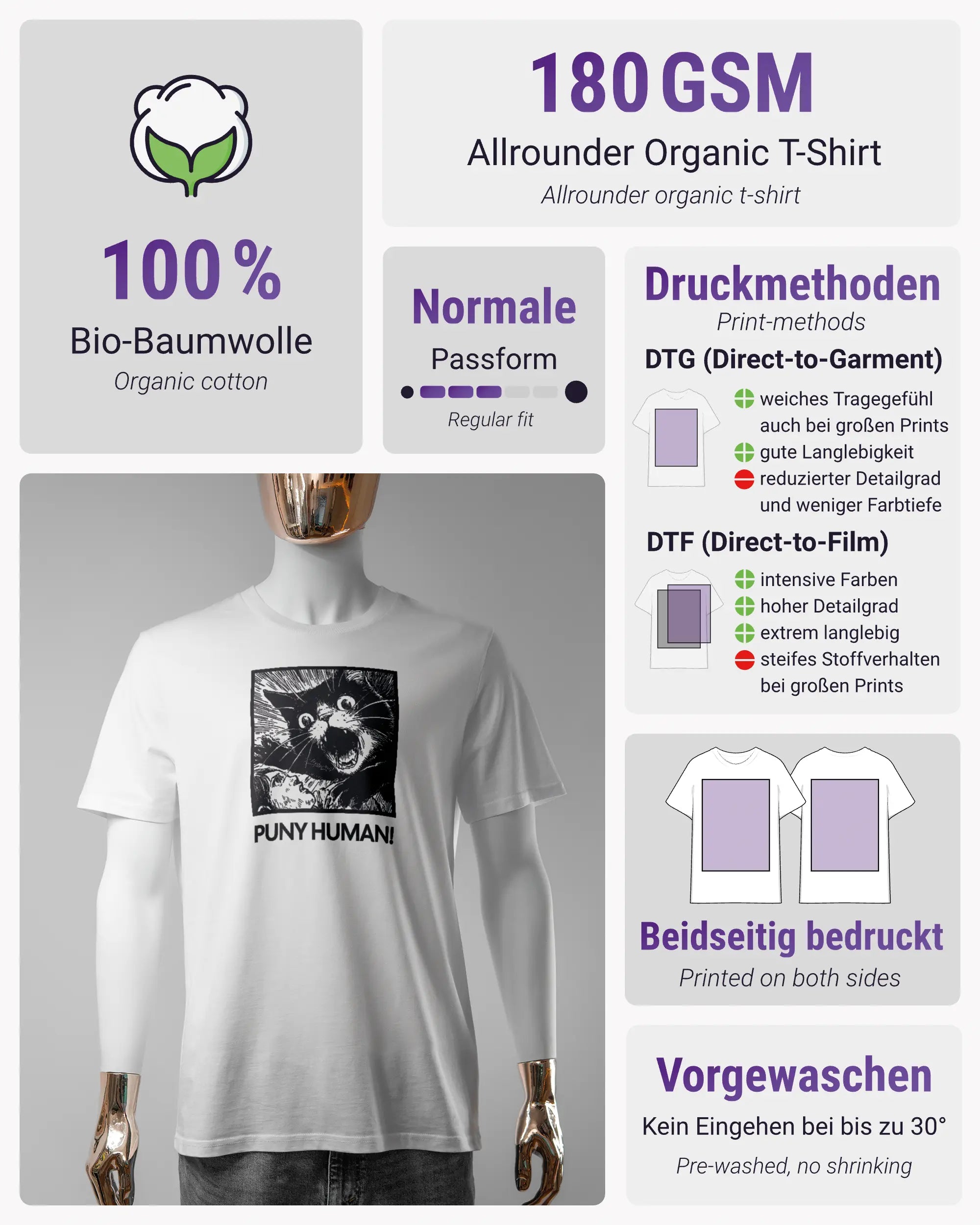 Produktinformationsblatt des Organic Unisex T-Shirt Casual von Maondo mit dem Design Puny Human vorne in der Farbe White und in der Größe S
