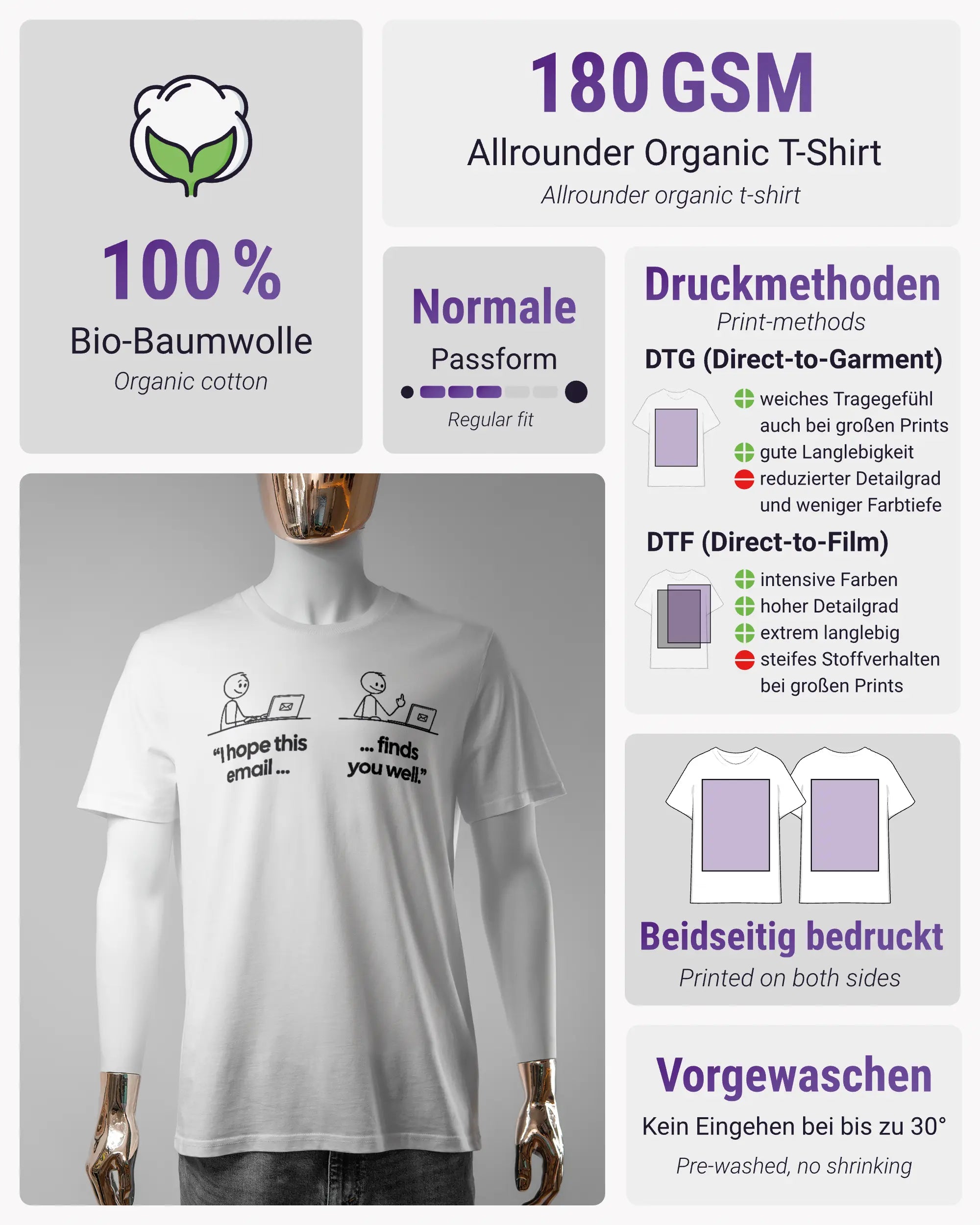 Produktinformationsblatt des Organic Unisex T-Shirt Casual von Maondo mit dem Design Found me not well vorne in der Farbe White und in der Größe S