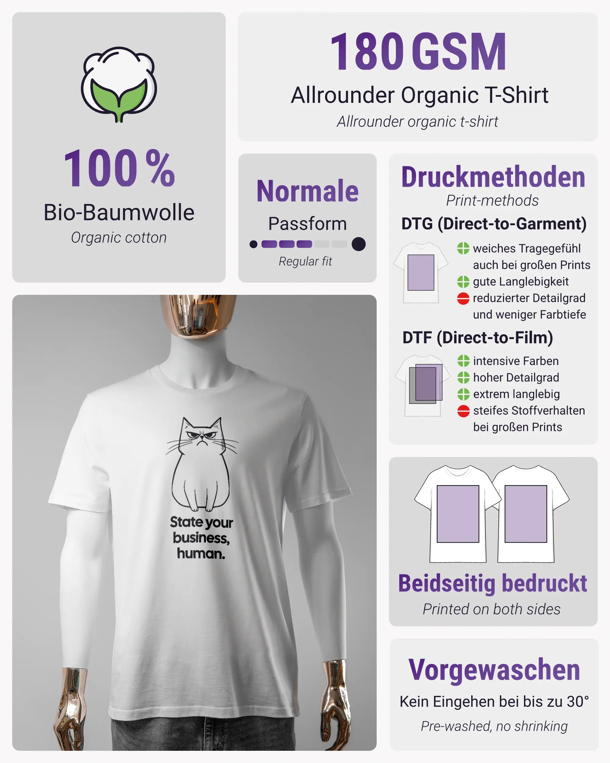 Produktinformationsblatt des Organic Unisex T-Shirt Casual von Maondo mit dem Design Grumpy Purr vorne in der Farbe White und in der Größe S