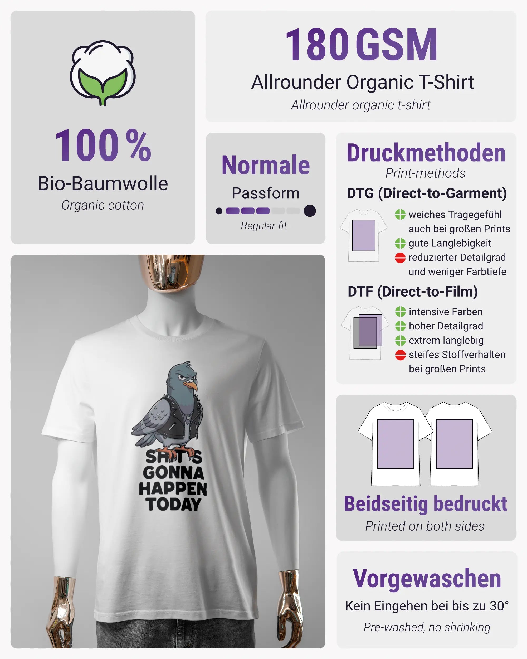 Produktinformationsblatt des Organic Unisex T-Shirt Casual von Maondo mit dem Design Pigeon Pun vorne in der Farbe White und in der Größe S