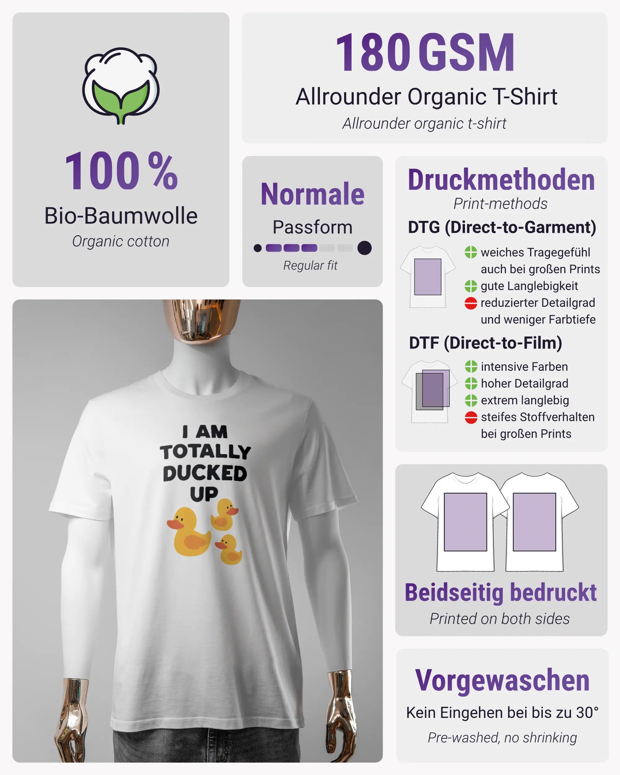 Produktinformationsblatt des Organic Unisex T-Shirt Casual von Maondo mit dem Design Ducked Up vorne in der Farbe White und in der Größe S