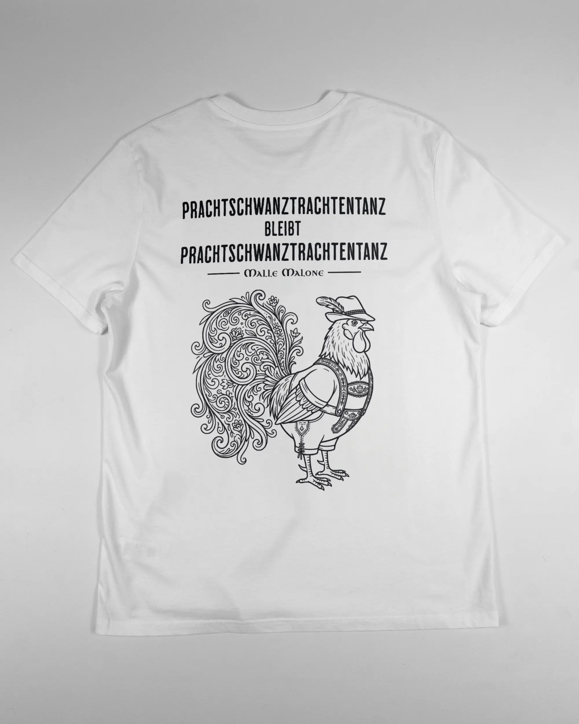Rückseite des Organic Unisex T-Shirt Casual von Maondo mit dem Design Trachtentanz in der Farbe White und in der Größe L flach auf den Boden gelegt