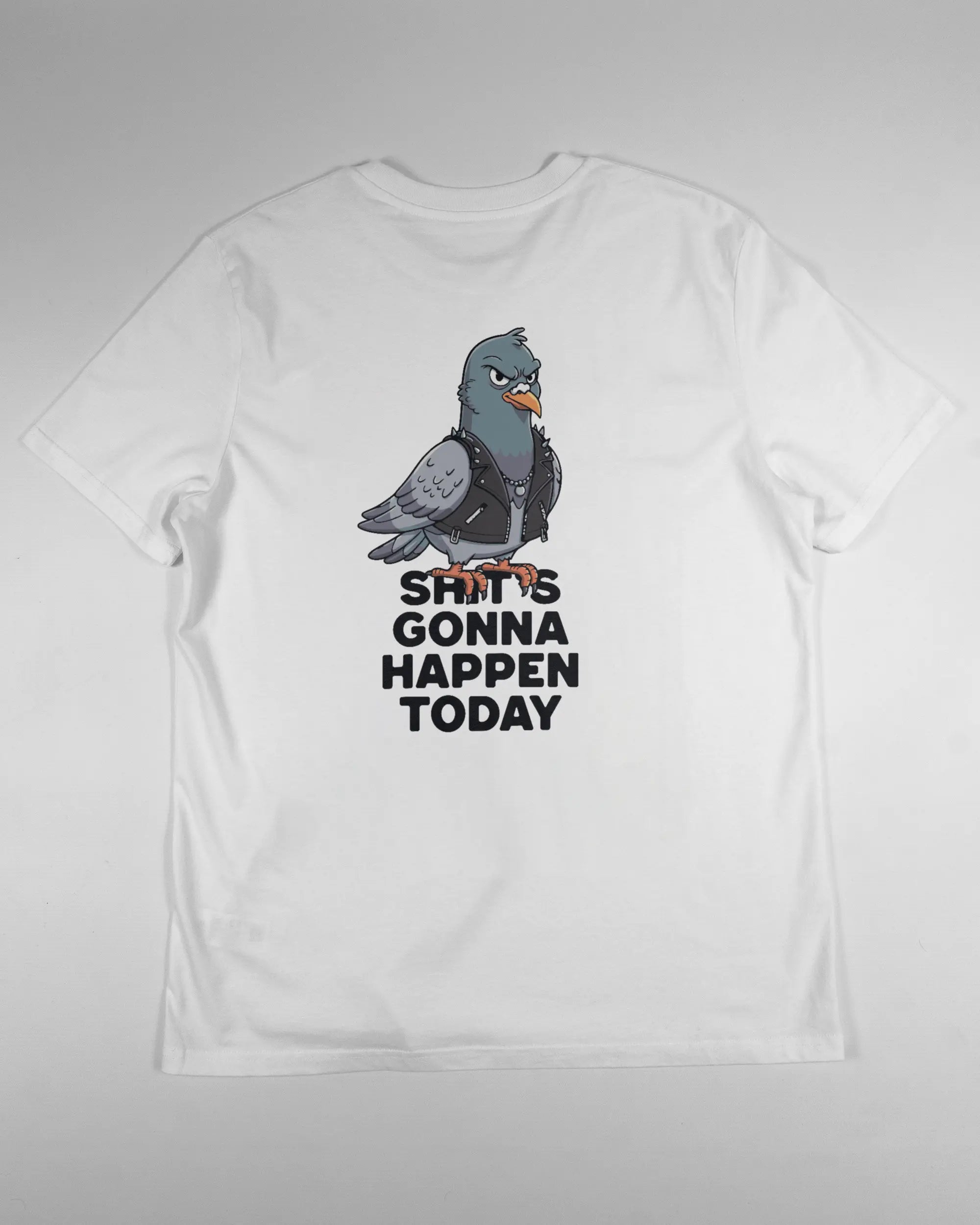 Rückseite des Organic Unisex T-Shirt Casual von Maondo mit dem Design Pigeon Pun in der Farbe White und in der Größe L flach auf den Boden gelegt