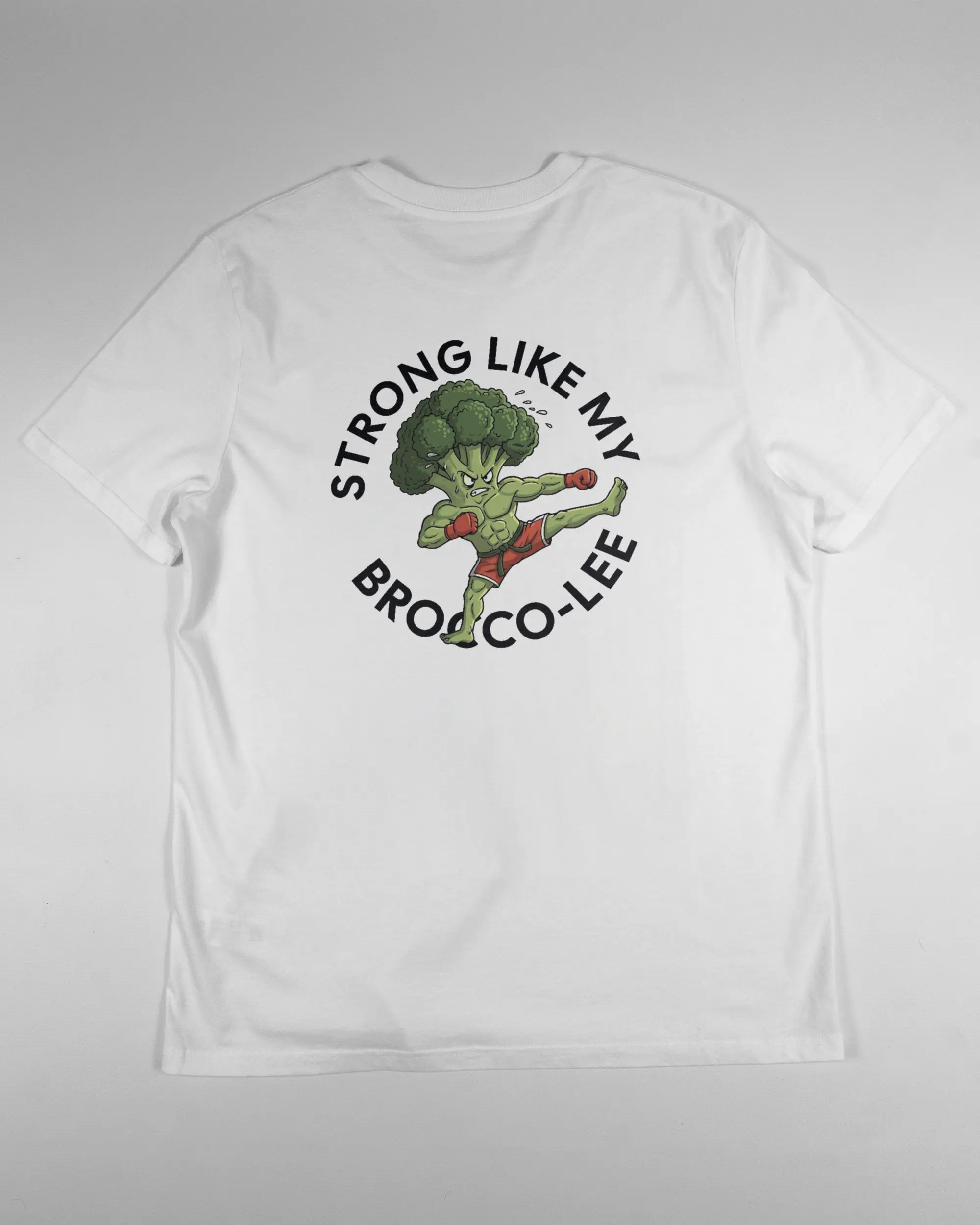 Rückseite des Organic Unisex T-Shirt Casual von Maondo mit dem Design Brocco-Lee in der Farbe White und in der Größe L flach auf den Boden gelegt