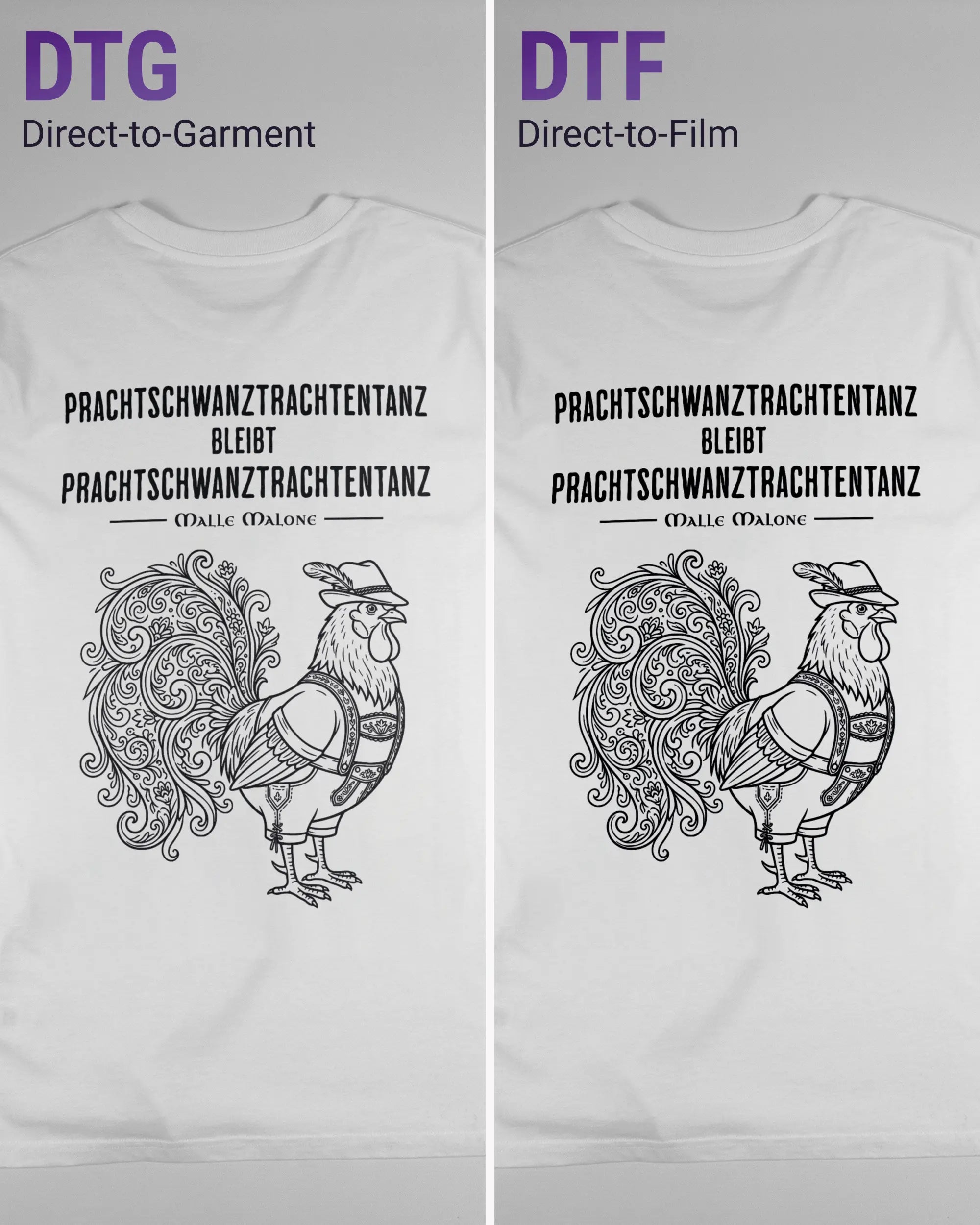 Vergleich der Rückseiten des Organic Unisex T-Shirt Casual von Maondo mit dem Design Trachtentanz in der Farbe White und in der Größe L links mit dem Direct-to-Garment und rechts mit dem Direct-to-Film Verfahren