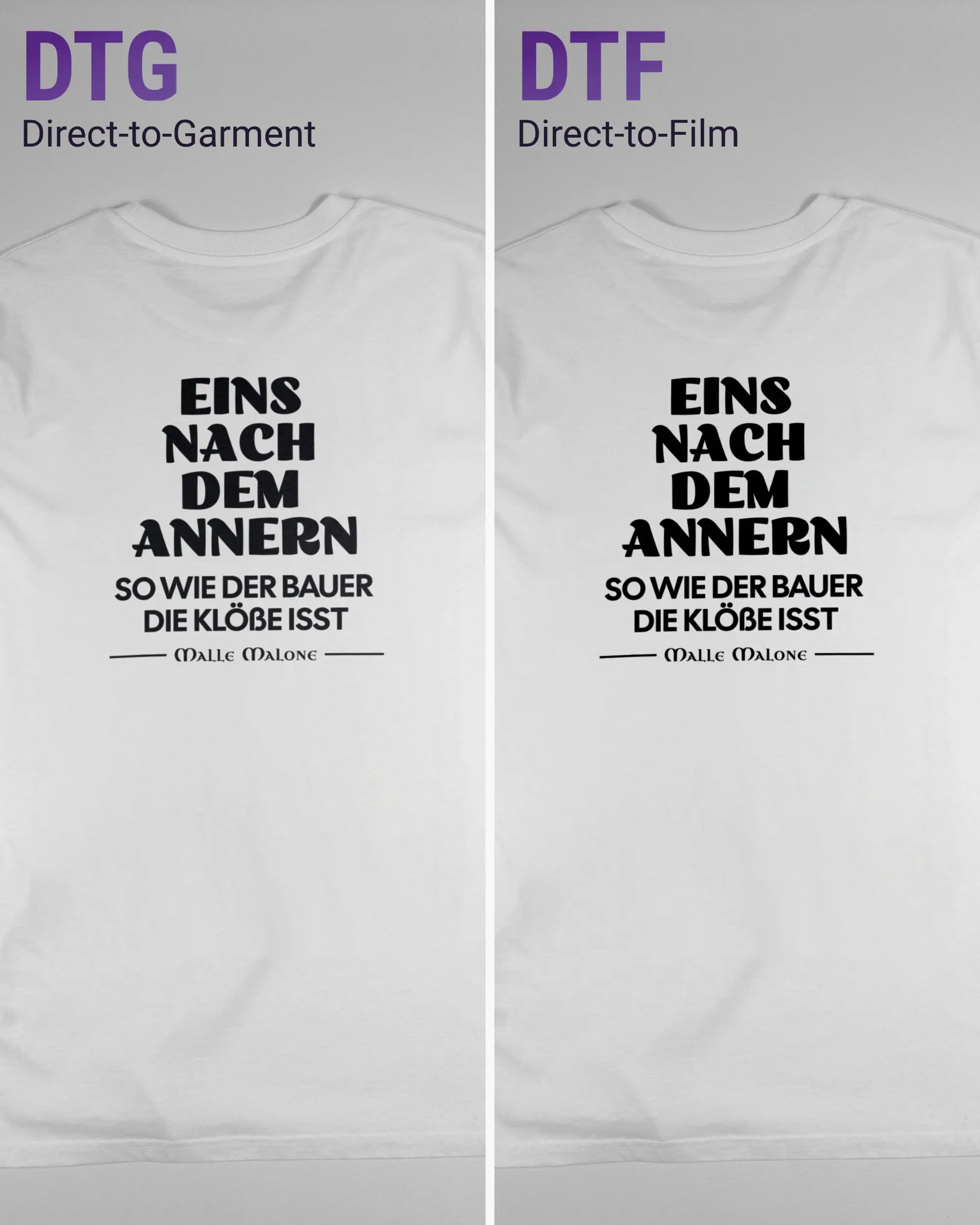 Vergleich der Rückseiten des Organic Unisex T-Shirt Casual von Maondo mit dem Design Eins nach dem Annern in der Farbe White und in der Größe L links mit dem Direct-to-Garment und rechts mit dem Direct-to-Film Verfahren